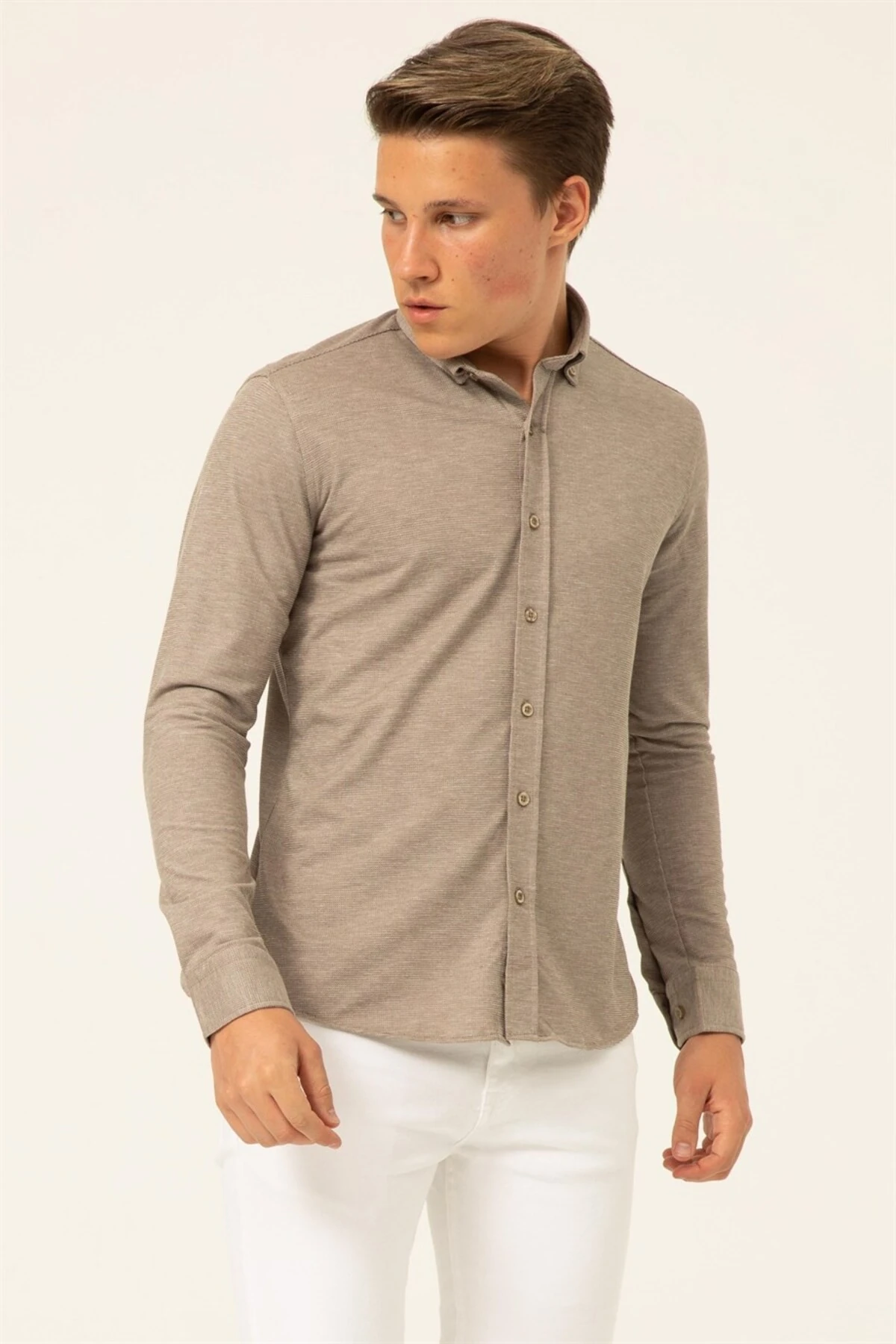 Süvari Slim Fit Uzun Kol Jakarlı Örme Bej Erkek Gömlek