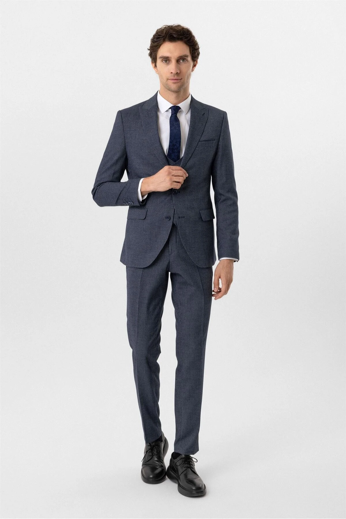 Lacivert Slim Fit Desenli Sivri Yaka 6 Drop Yelekli Klasik Takım Elbise