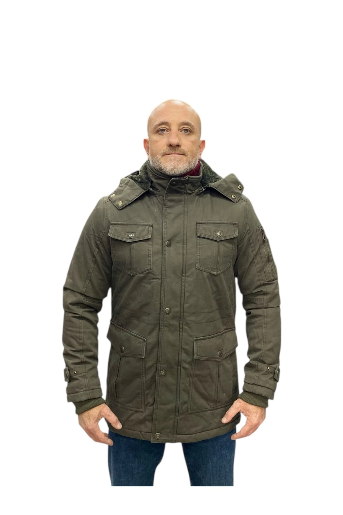 Erkek Askeri Yeşil Kapüşonlu Kürk Astarlı Su Geçirmez Kalın Kaban