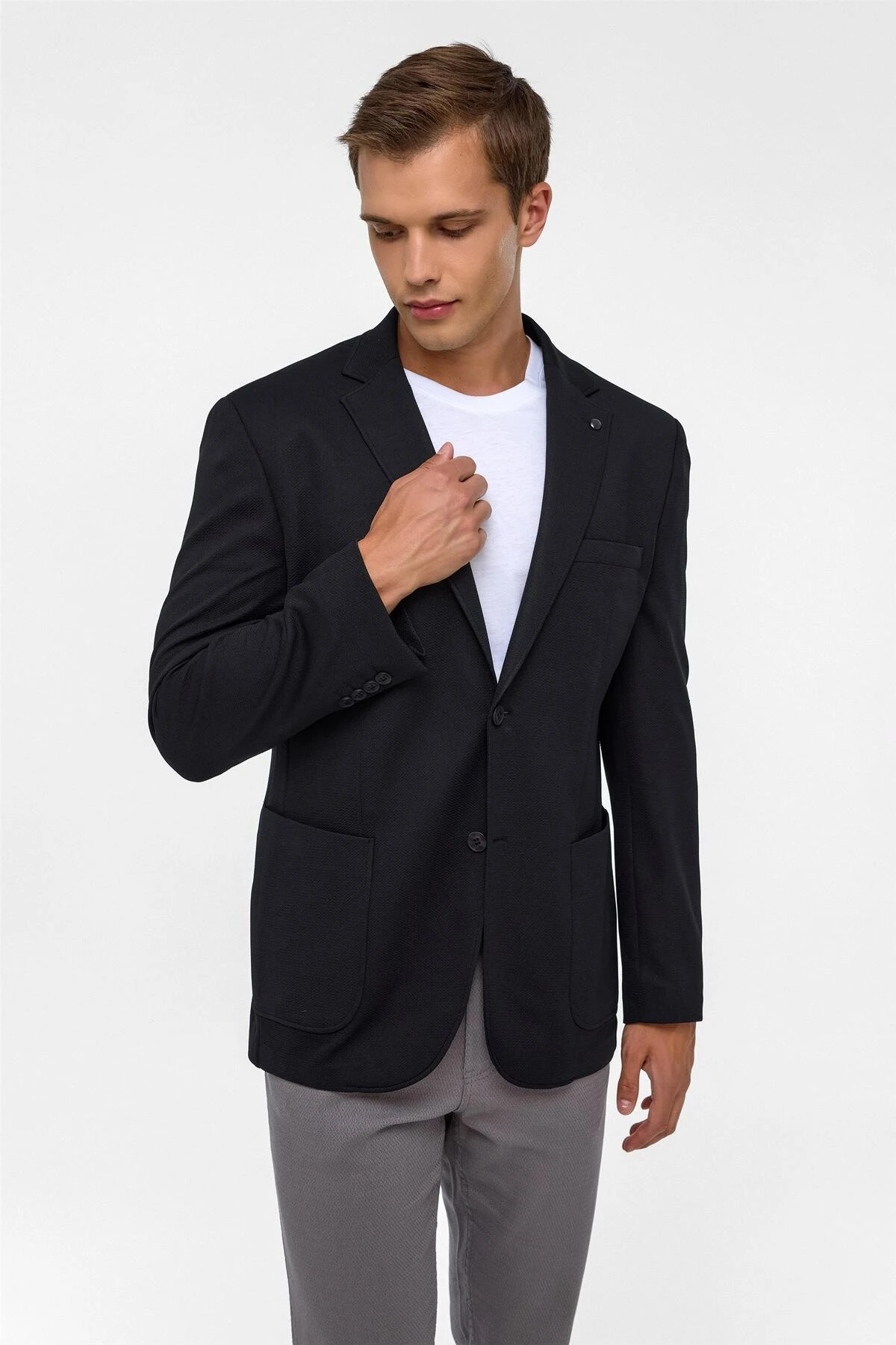 Siyah Regular Desenli Mono Yaka 6 Drop Ceket