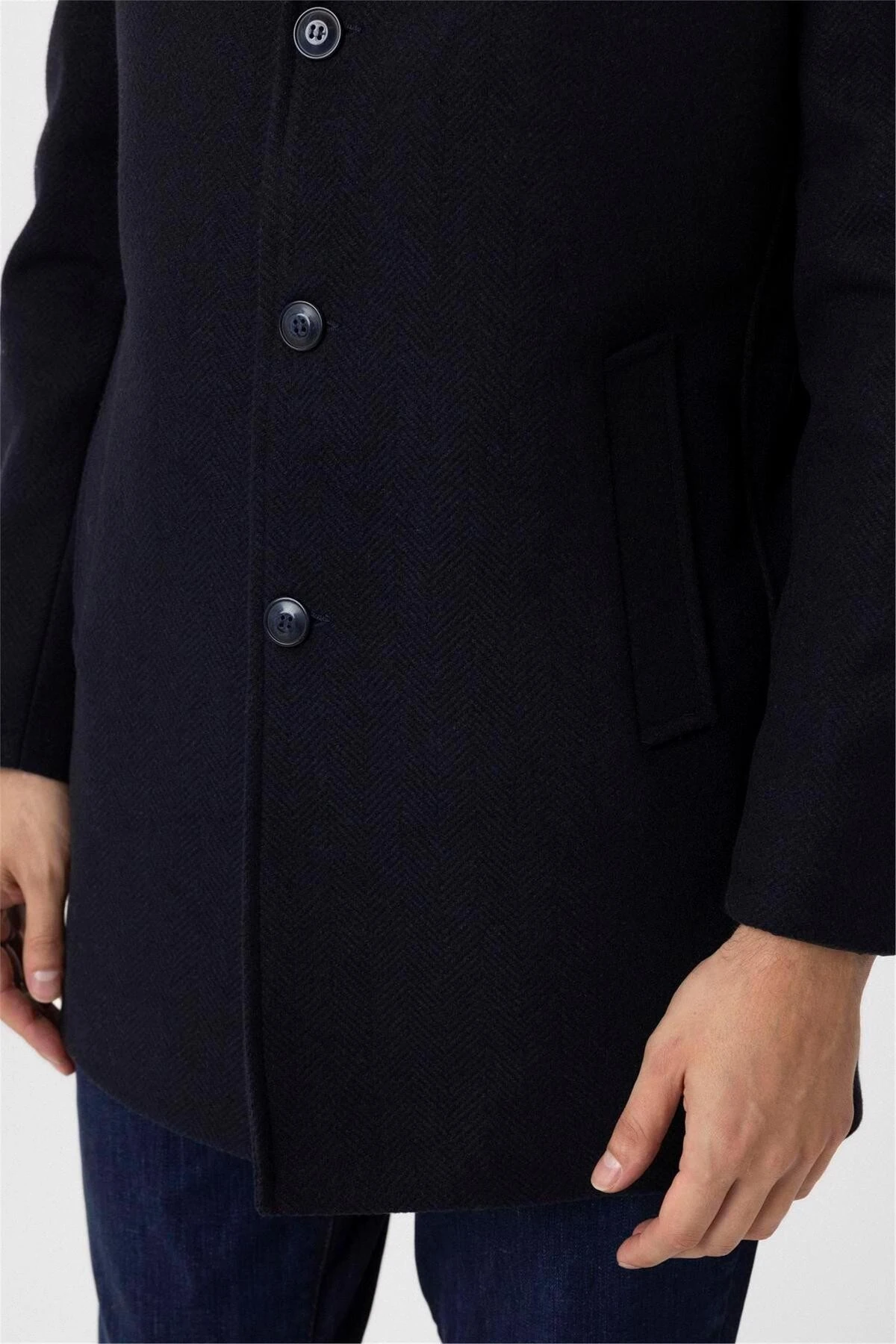 Lacivert Slim Desenli Sivri Yaka Kaban