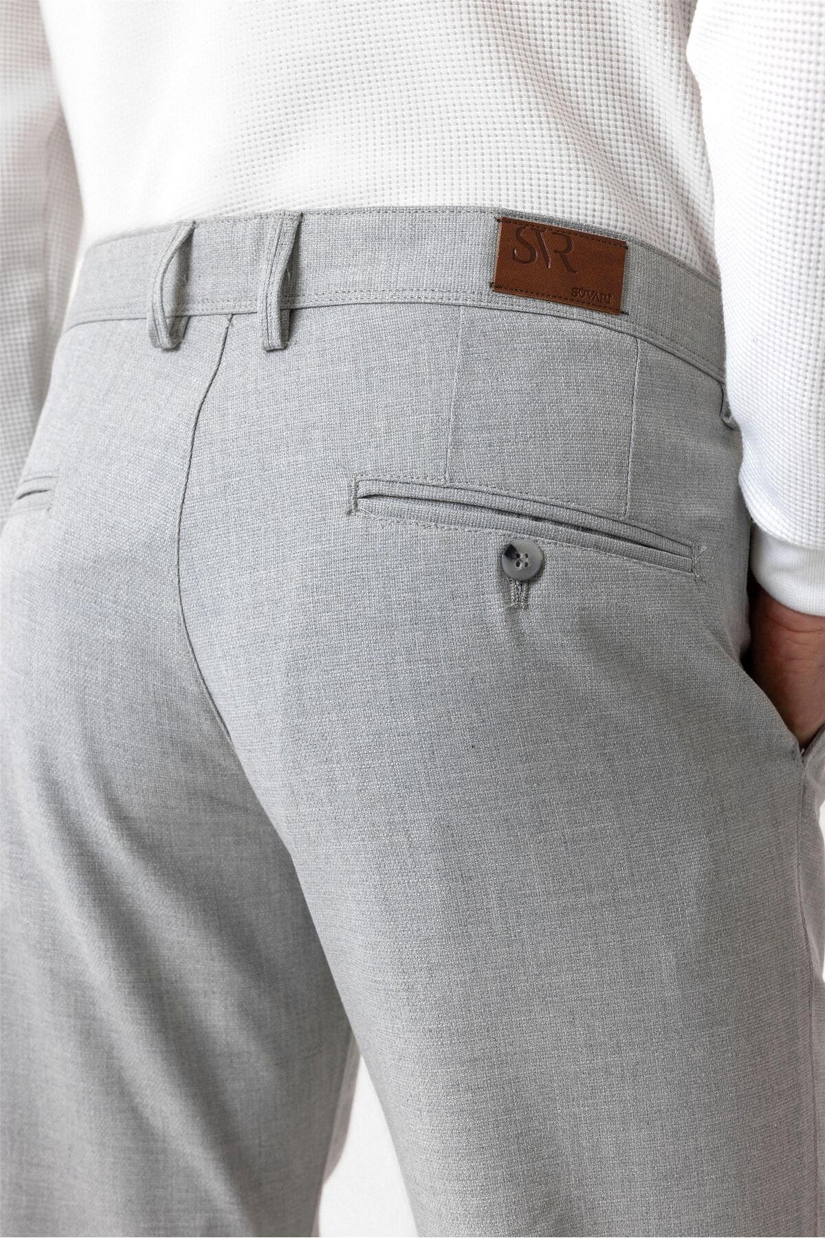 Süvari Dar Kalıp Armür Desenli Bej Keten Pantolon