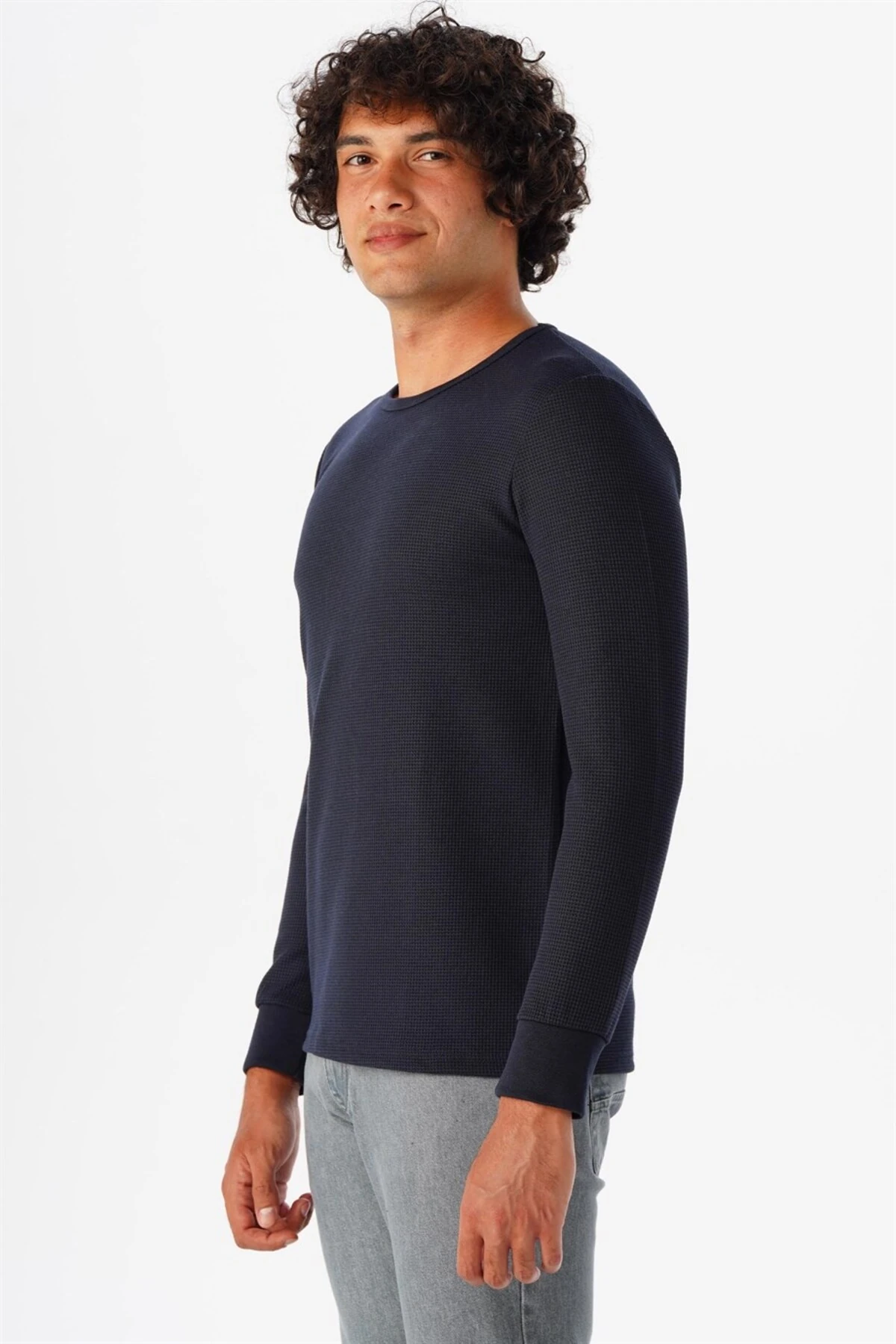 Süvari O Yaka Uzun Kol Lacivert Waffle Desenli Slim Fit Erkek Triko