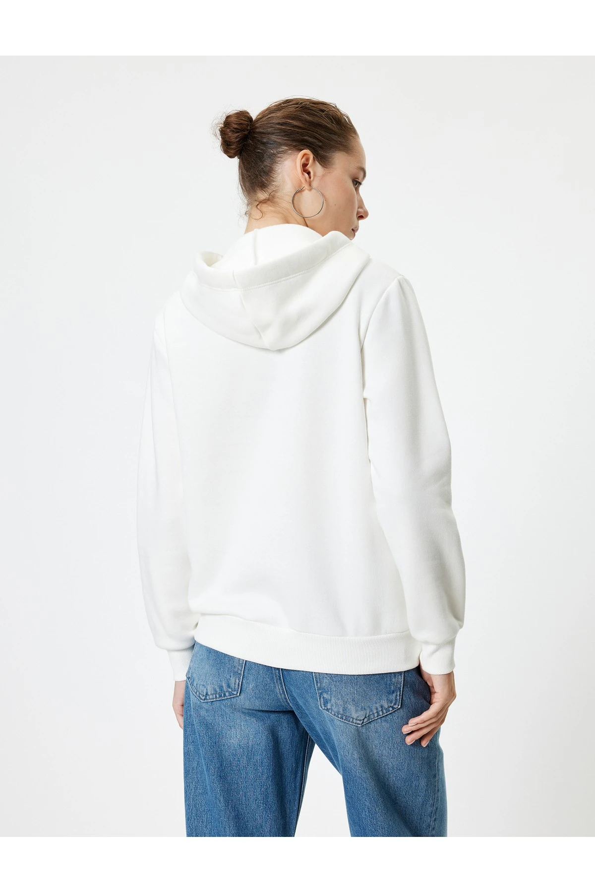 Şardonlu Oversize Kapüşonlu Sweatshirt Cep Detaylı Kedi Nakışlı