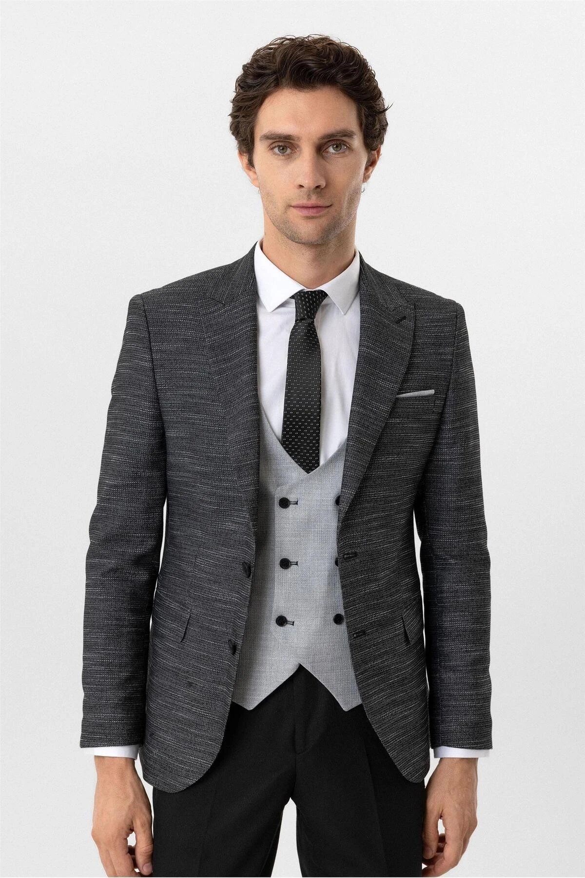 Siyah Slim Fit Desenli Sivri Yaka 6 Drop Yelekli Klasik Takım Elbise