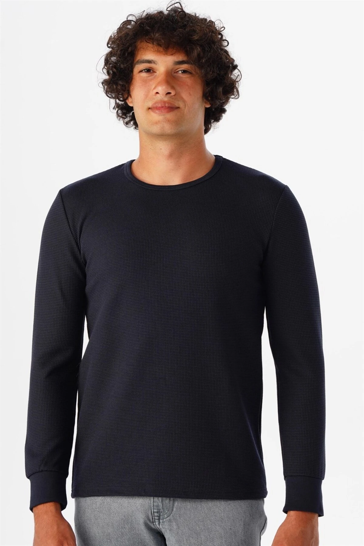 Süvari O Yaka Uzun Kol Lacivert Waffle Desenli Slim Fit Erkek Triko