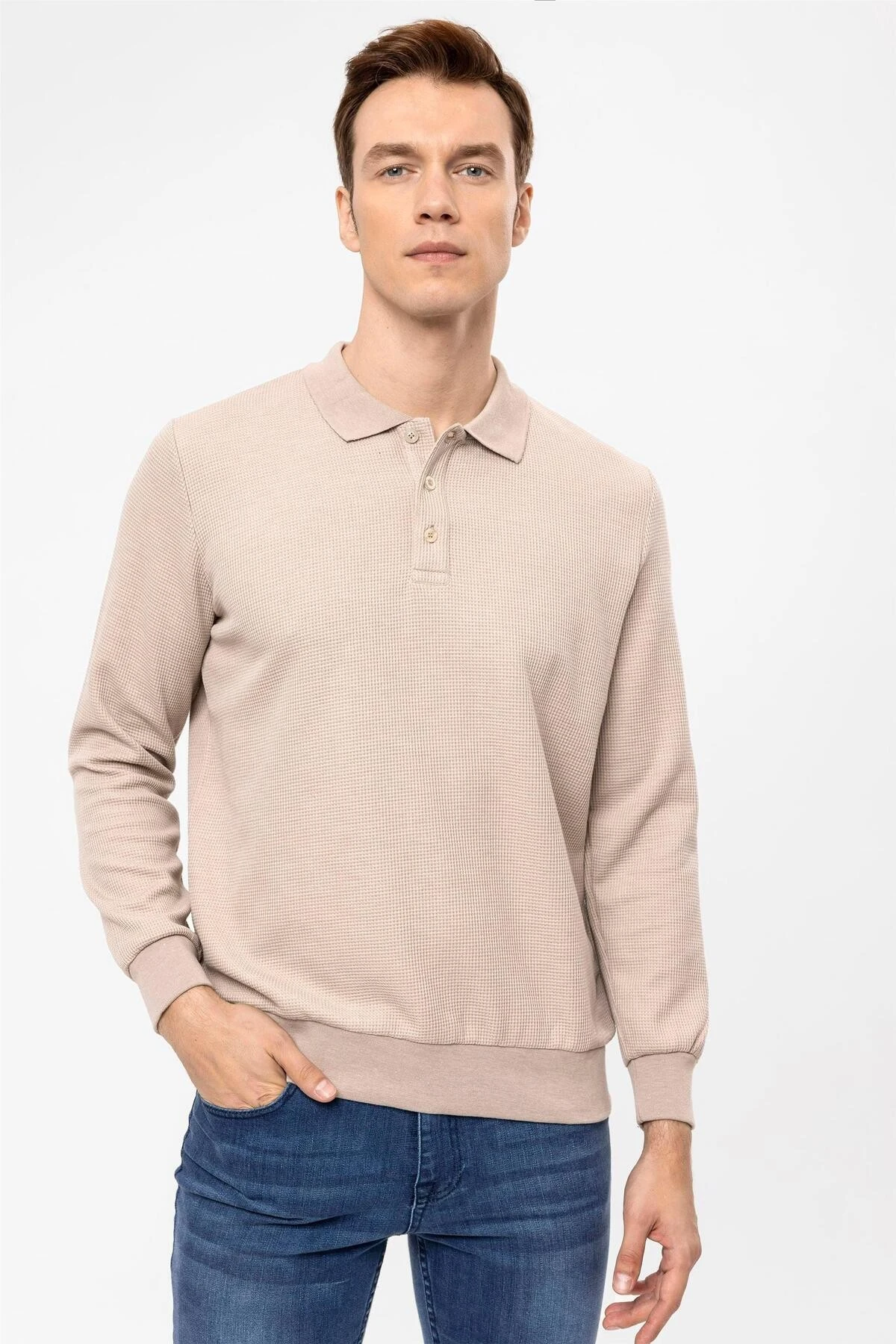 Bej Regular Armürlü Polo Yaka Sweatshirt