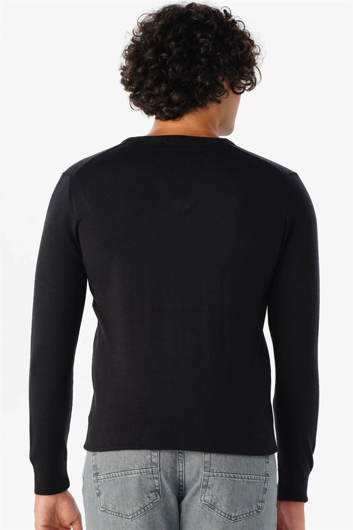 Süvari Rahat Kalıp Yünlü Düz Siyah V Yaka Triko