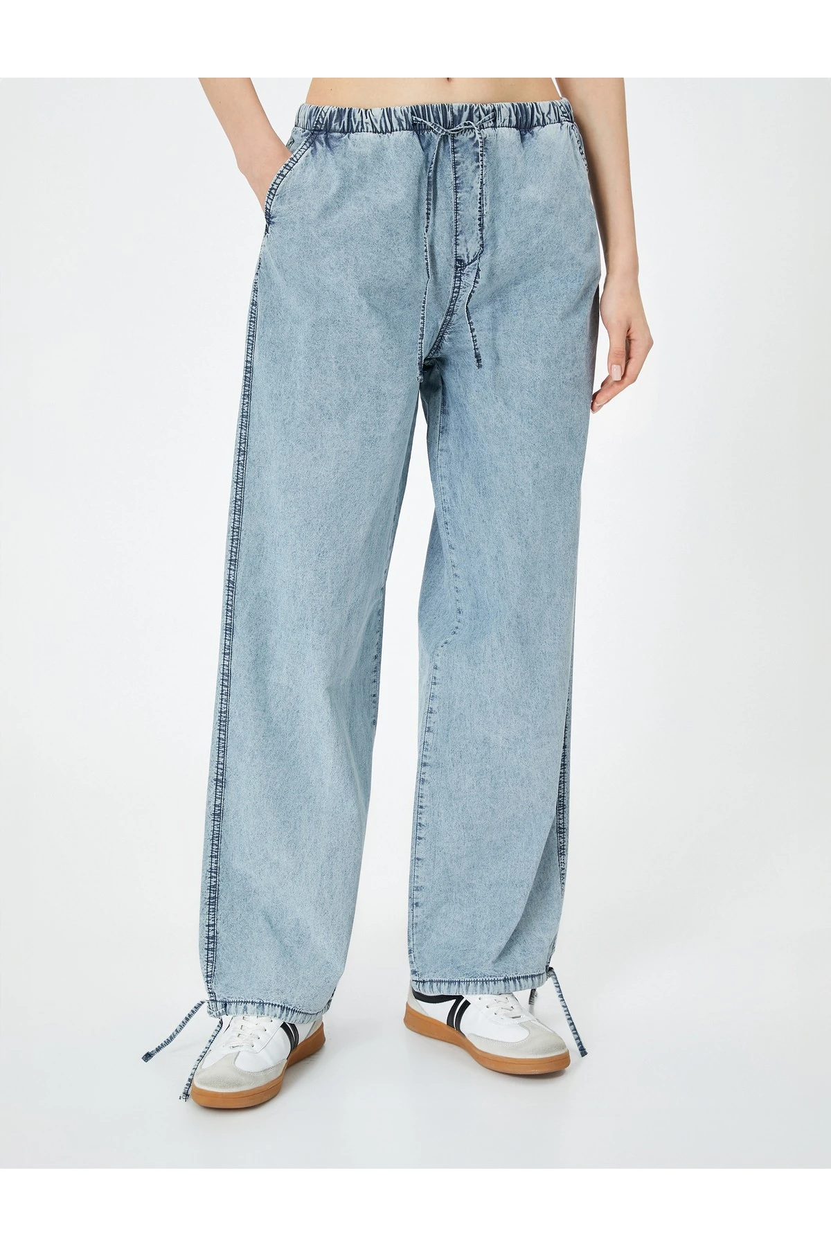 Oversize Paraşüt Denim Pantolon Standart Bel Beli Bağlamalı Cepli - Parachute Jean