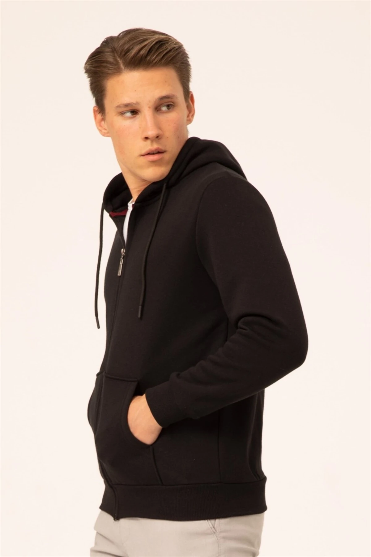 Süvari 3 Iplik Kapşonlu Fermuarlı Siyah Sweatshirt