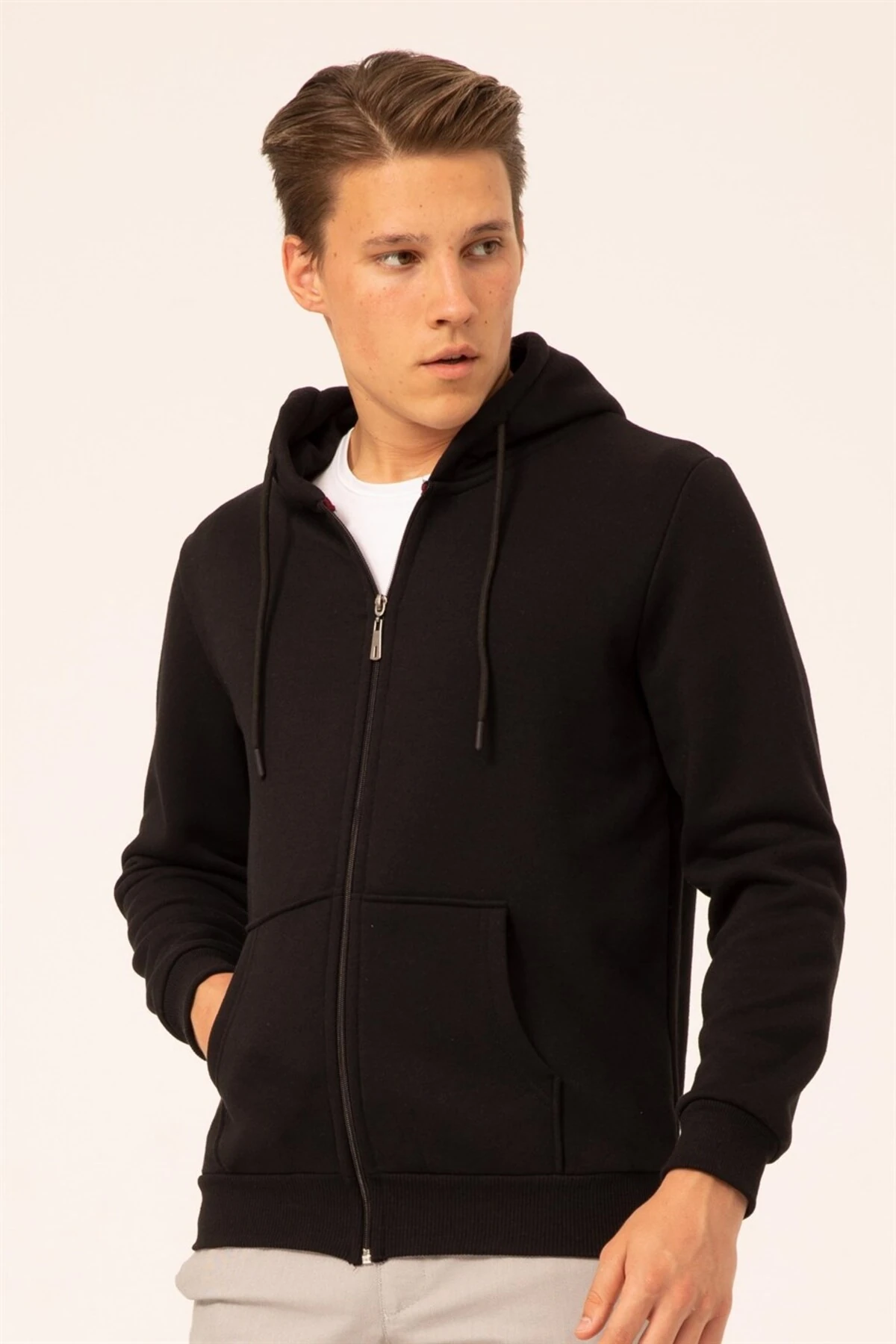 Süvari 3 Iplik Kapşonlu Fermuarlı Siyah Sweatshirt