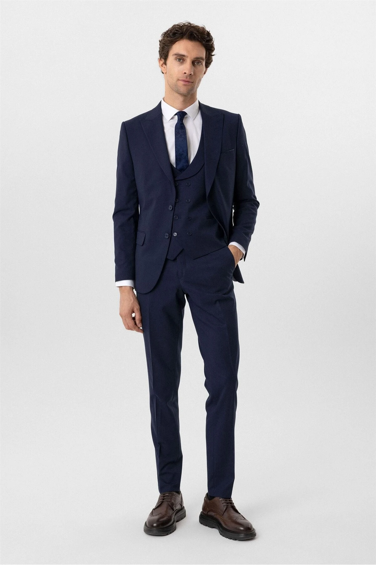 Lacivert Slim Fit Desenli Sivri Yaka 6 Drop Yelekli Klasik Takım Elbise