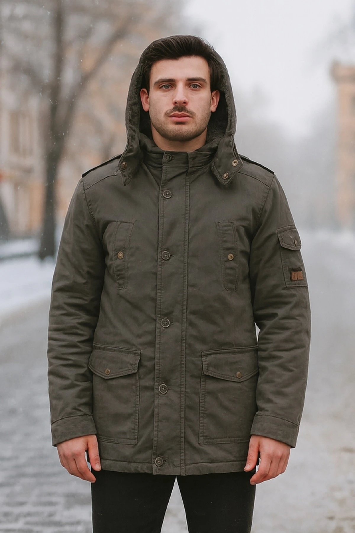 Erkek Haki Slim Fit Çıkarılabilir Kapüşonlu Kürk Astarlı Su Geçirmez Kaplamalı Kalın Kaban