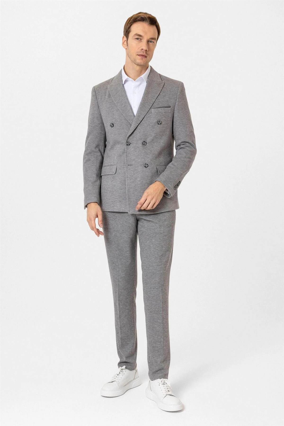 Gri Slim Fit Desenli Kruvaze Yaka 6 Drop Spor Takım Elbise