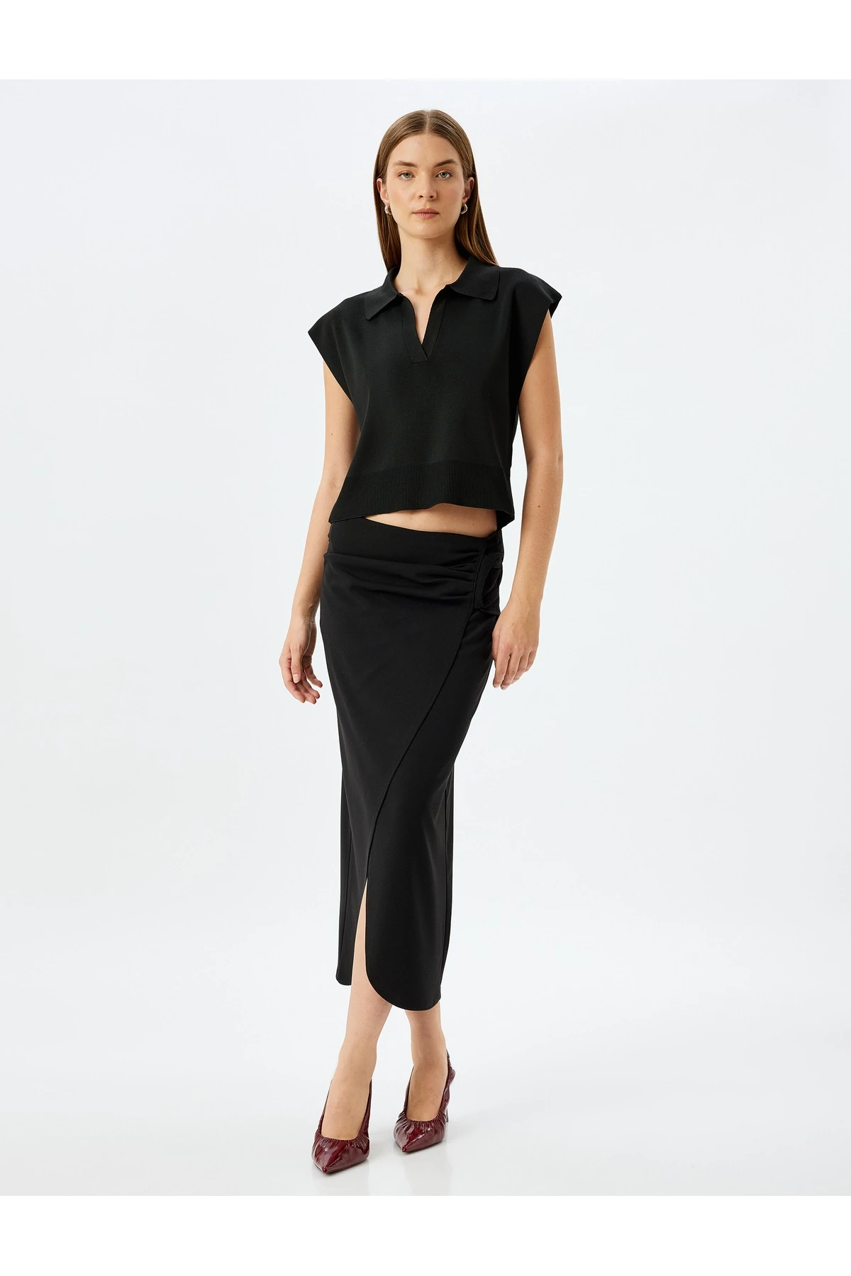 Slim Fit Drapeli Midi Boy Asimetrik Kruvaze Etek