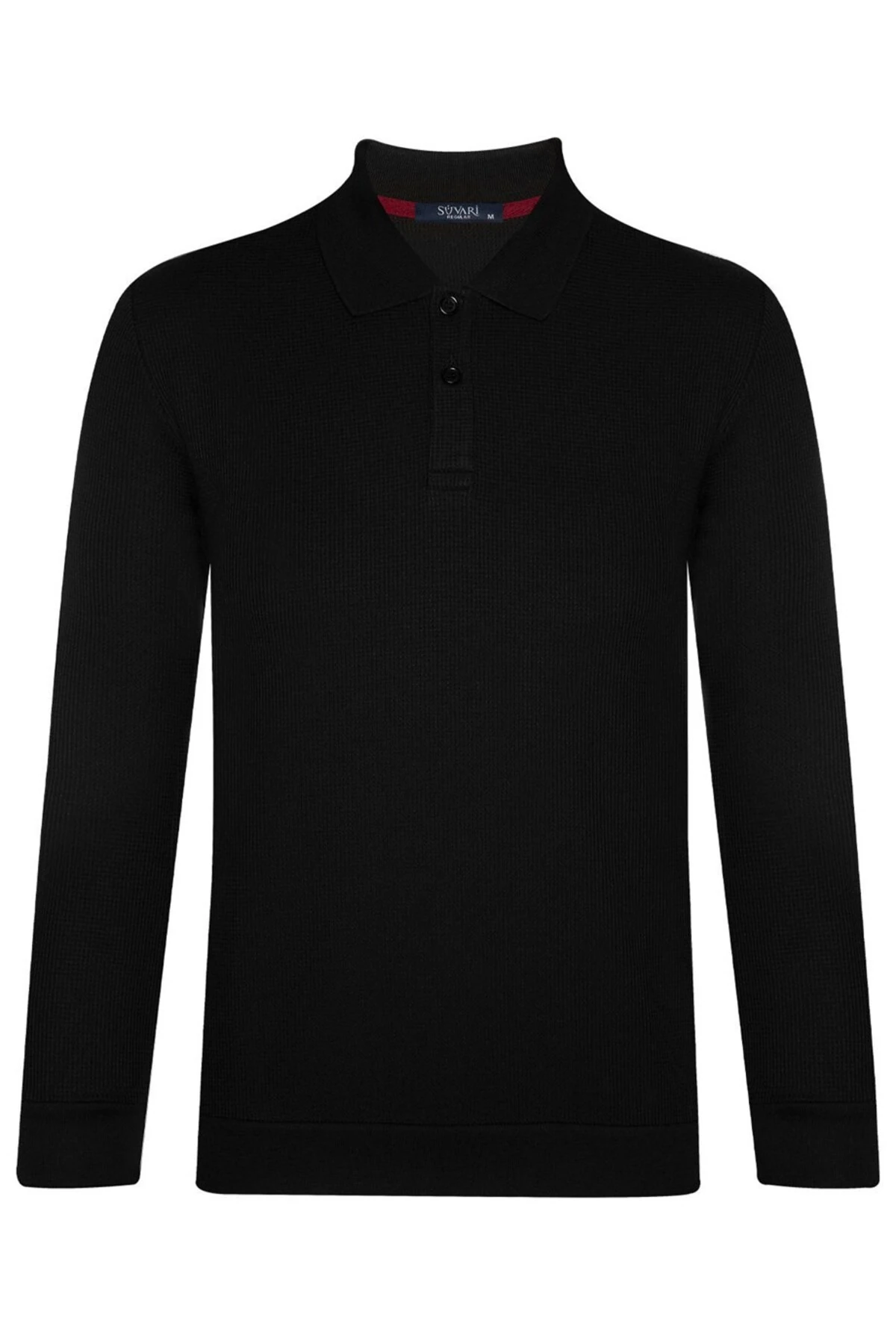 Süvari Rahat Kalıp Waffle Desen Siyah Polo Yaka Triko
