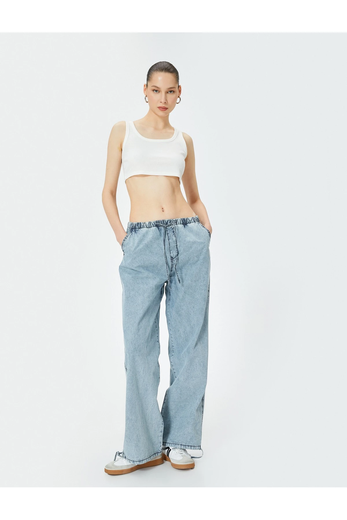 Oversize Paraşüt Denim Pantolon Standart Bel Beli Bağlamalı Cepli - Parachute Jean