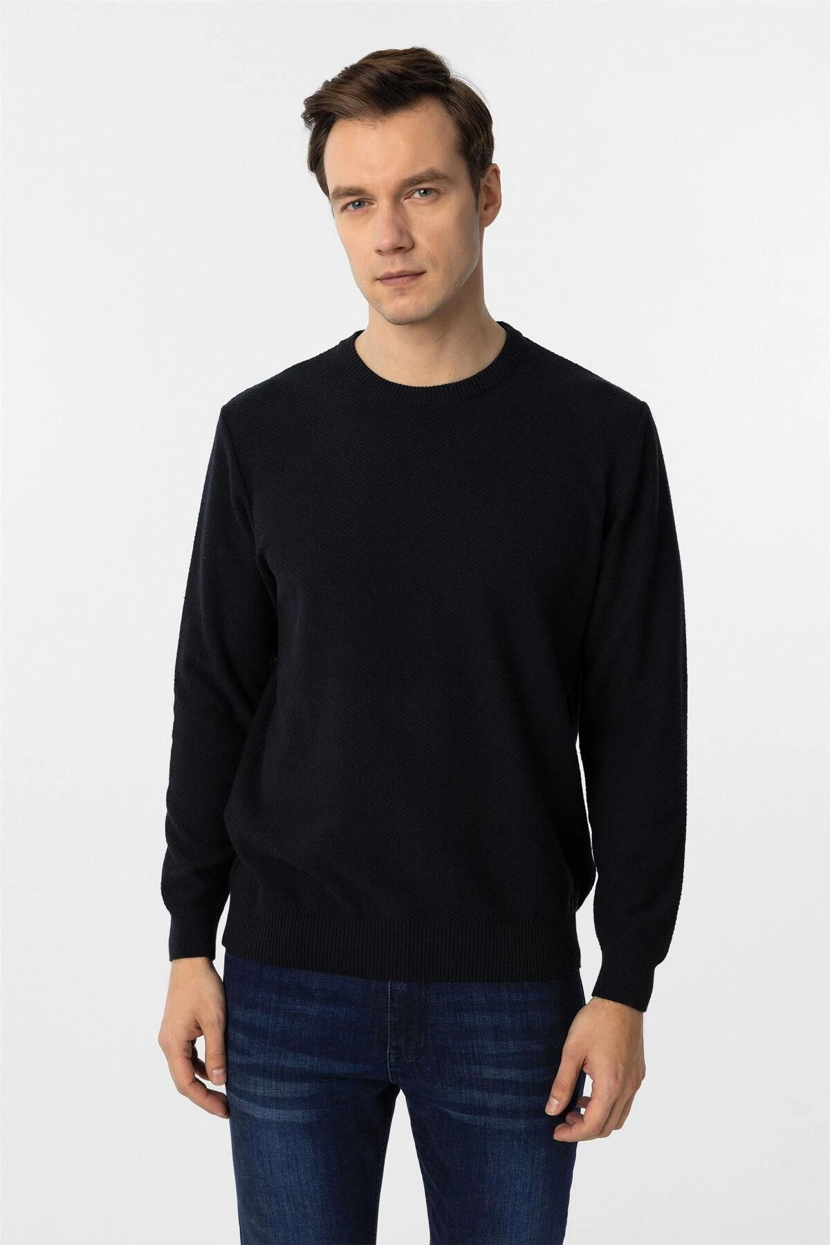 Lacivert Regular Desenli Bisiklet Yaka Triko