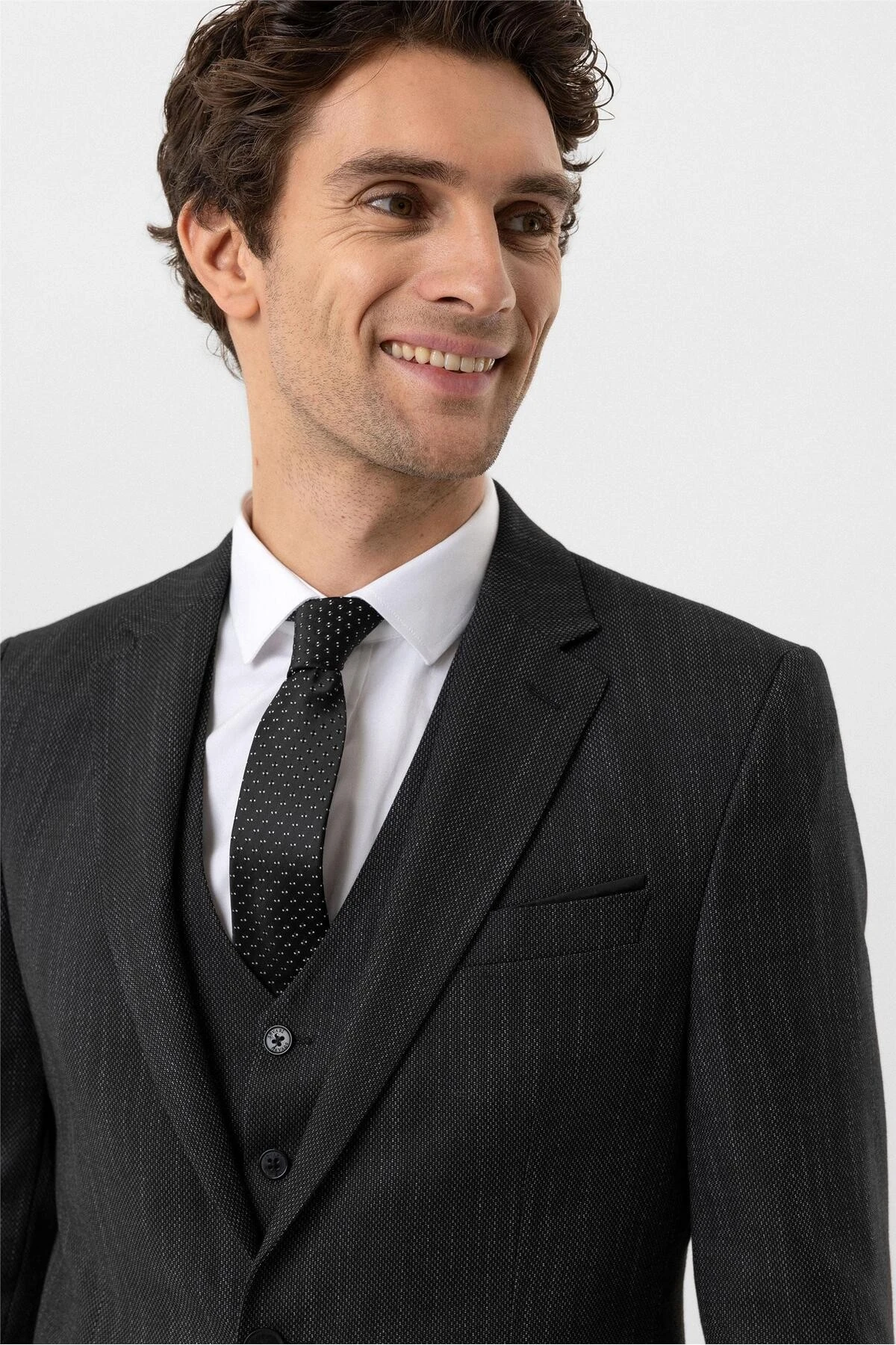 Siyah Slim Fit Desenli Mono Yaka 6 Drop Yelekli Klasik Takım Elbise