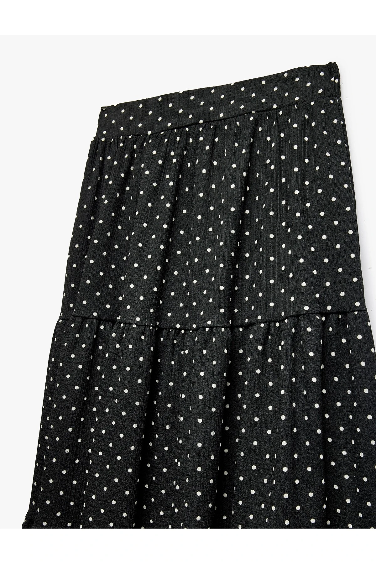 Yüksek Bel Volanlı Katlı Puantiyeli Midi Etek Bürümcük