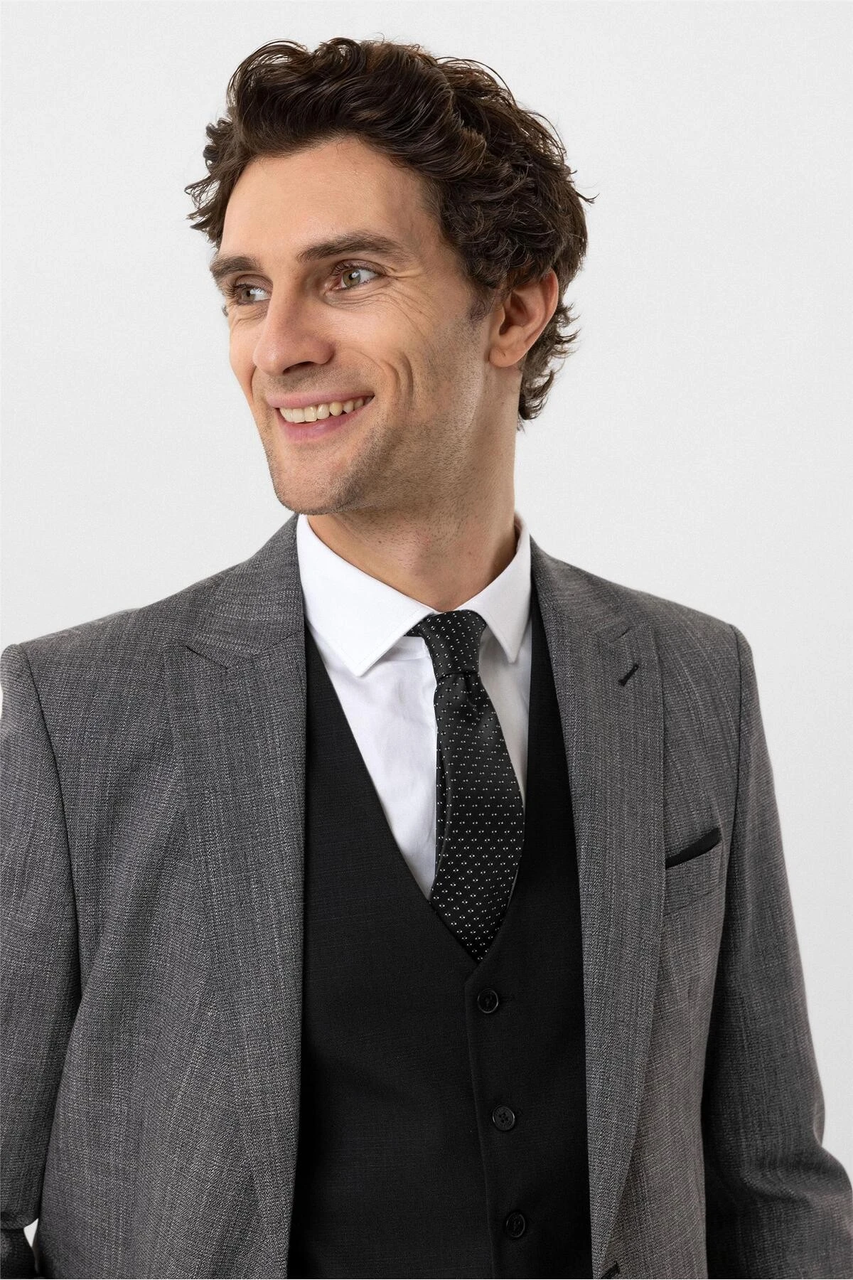 Siyah Slim Fit Desenli Sivri Yaka 6 Drop Yelekli Klasik Takım Elbise