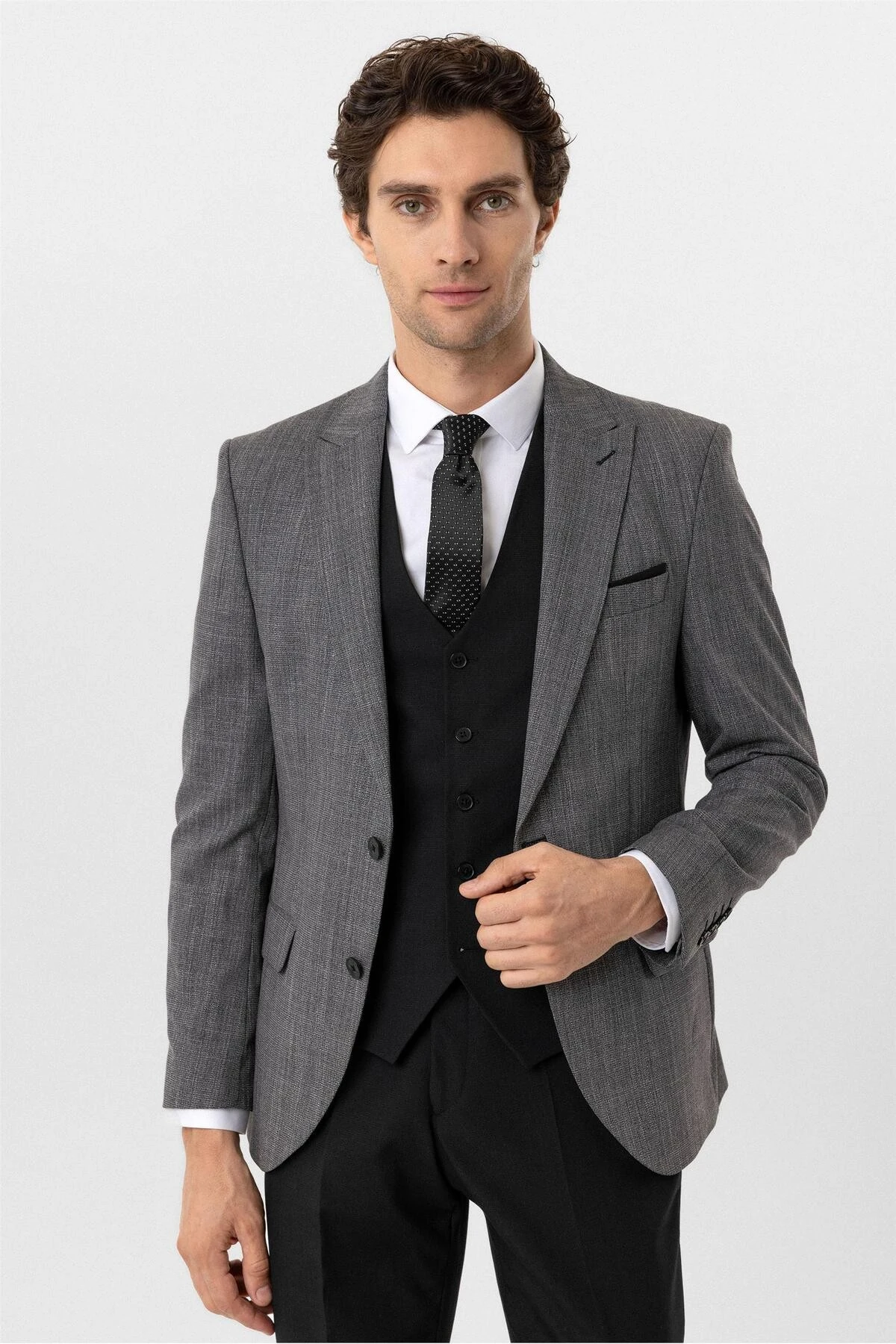 Siyah Slim Fit Desenli Sivri Yaka 6 Drop Yelekli Klasik Takım Elbise