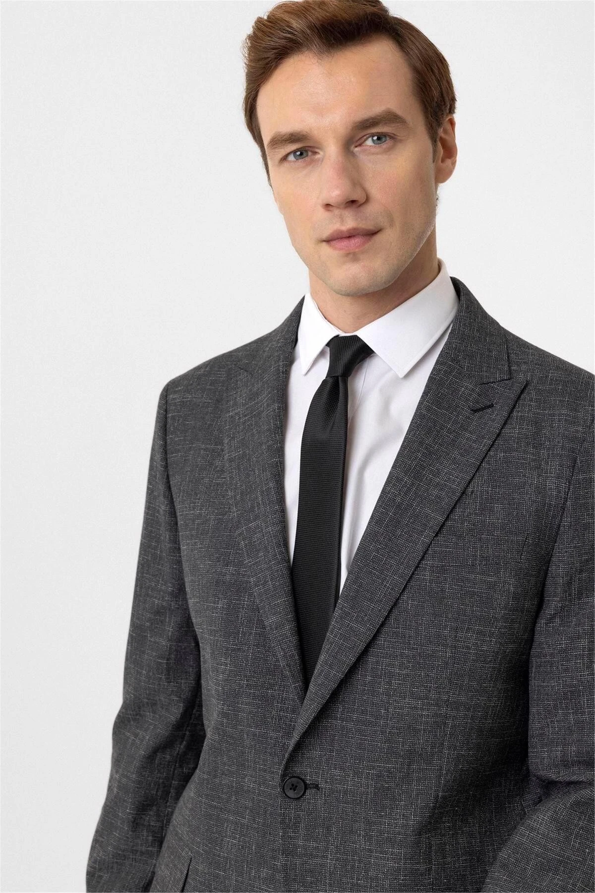 Antrasit Regular Desenli Sivri Yaka 6 Drop Klasik Takım Elbise