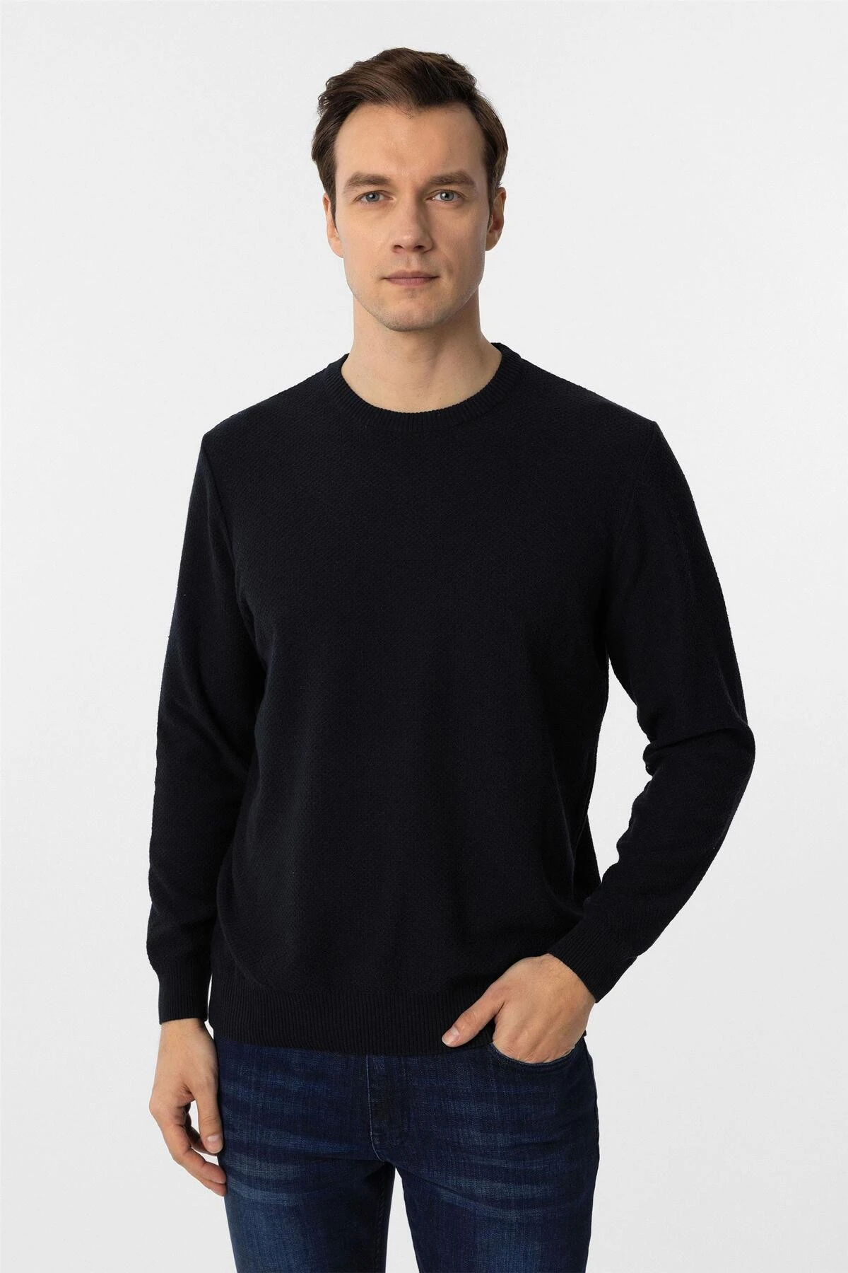 Lacivert Regular Desenli Bisiklet Yaka Triko