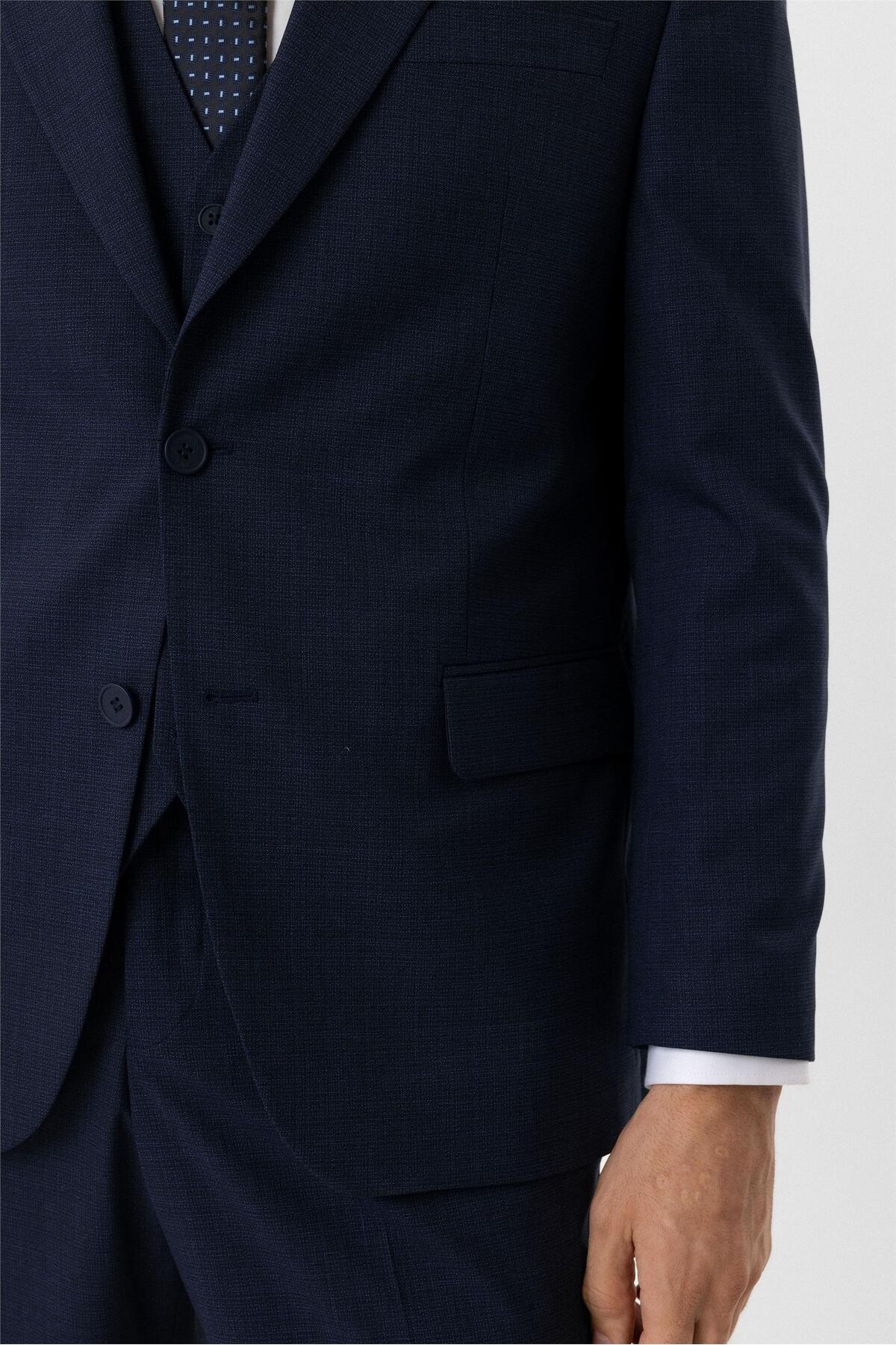 Lacivert Regular Desenli Mono Yaka 4 Drop Yelekli Klasik Takım Elbise