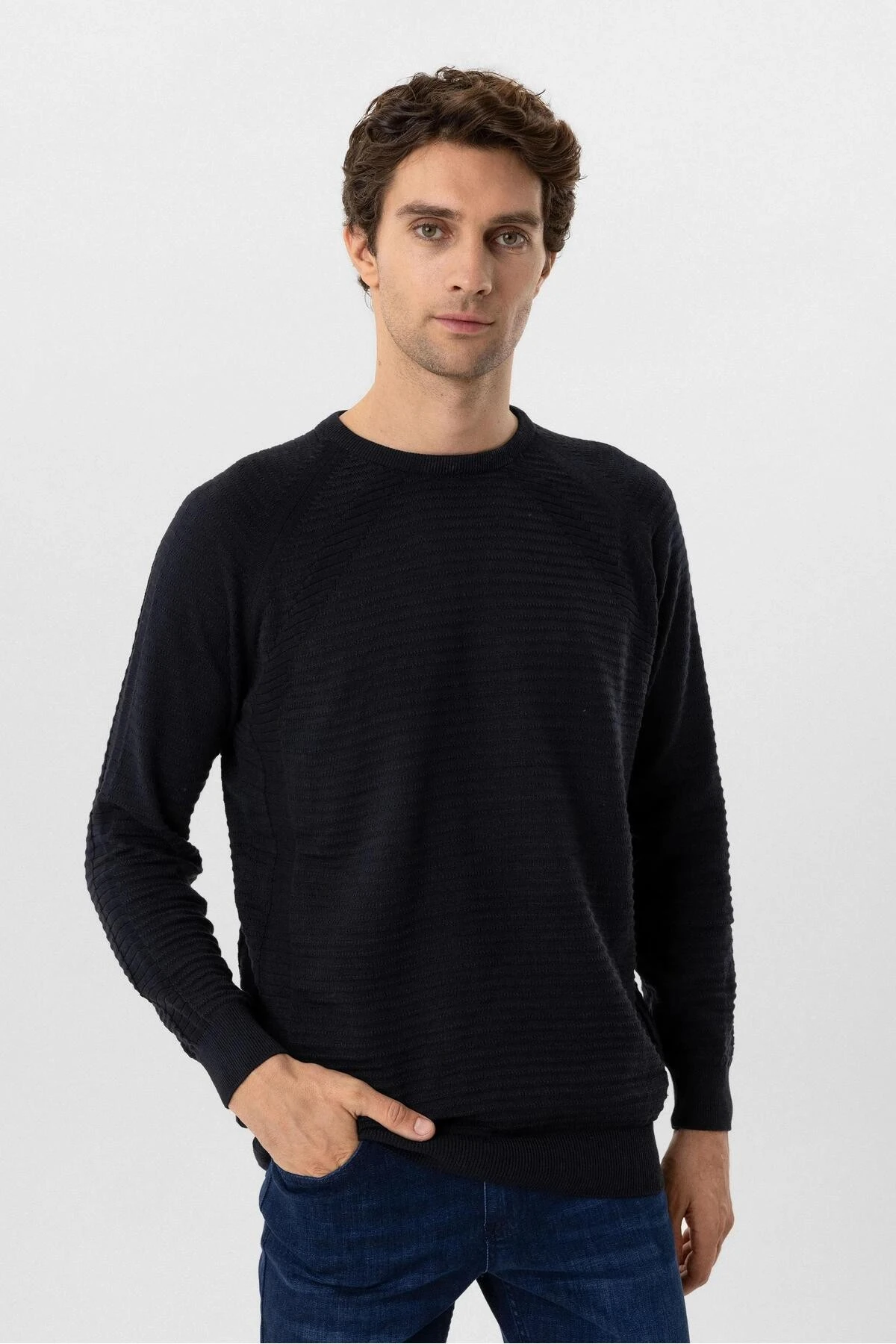 Süvari O Yaka Links Örgü Pamuklu Lacivert Erkek Triko