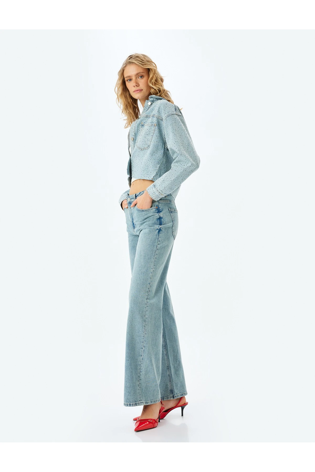 Normal Bel Geniş Paça Düğmeli Kot Pantolon - Wide Leg Jeans