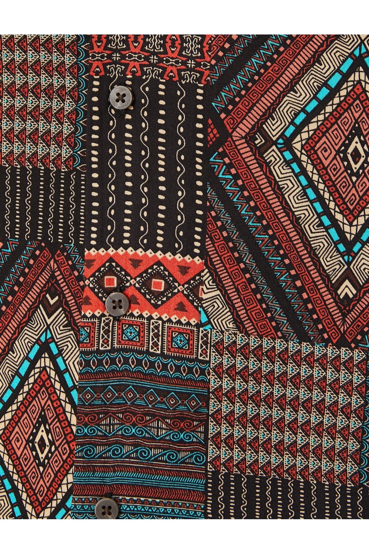 Etnik Desenli Gömlek Vintage Kısa Kollu Devrik Yaka Viskon Kumaş