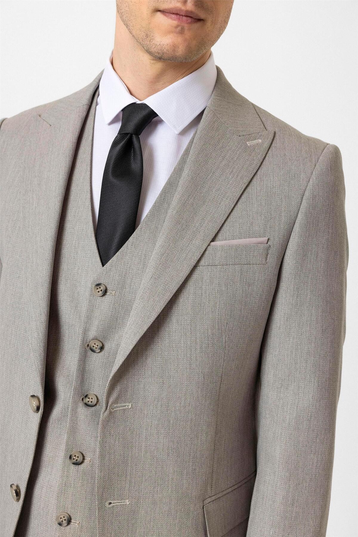 Ekru Slim Fit Desenli Sivri Yaka 6 Drop Yelekli Klasik Takım Elbise