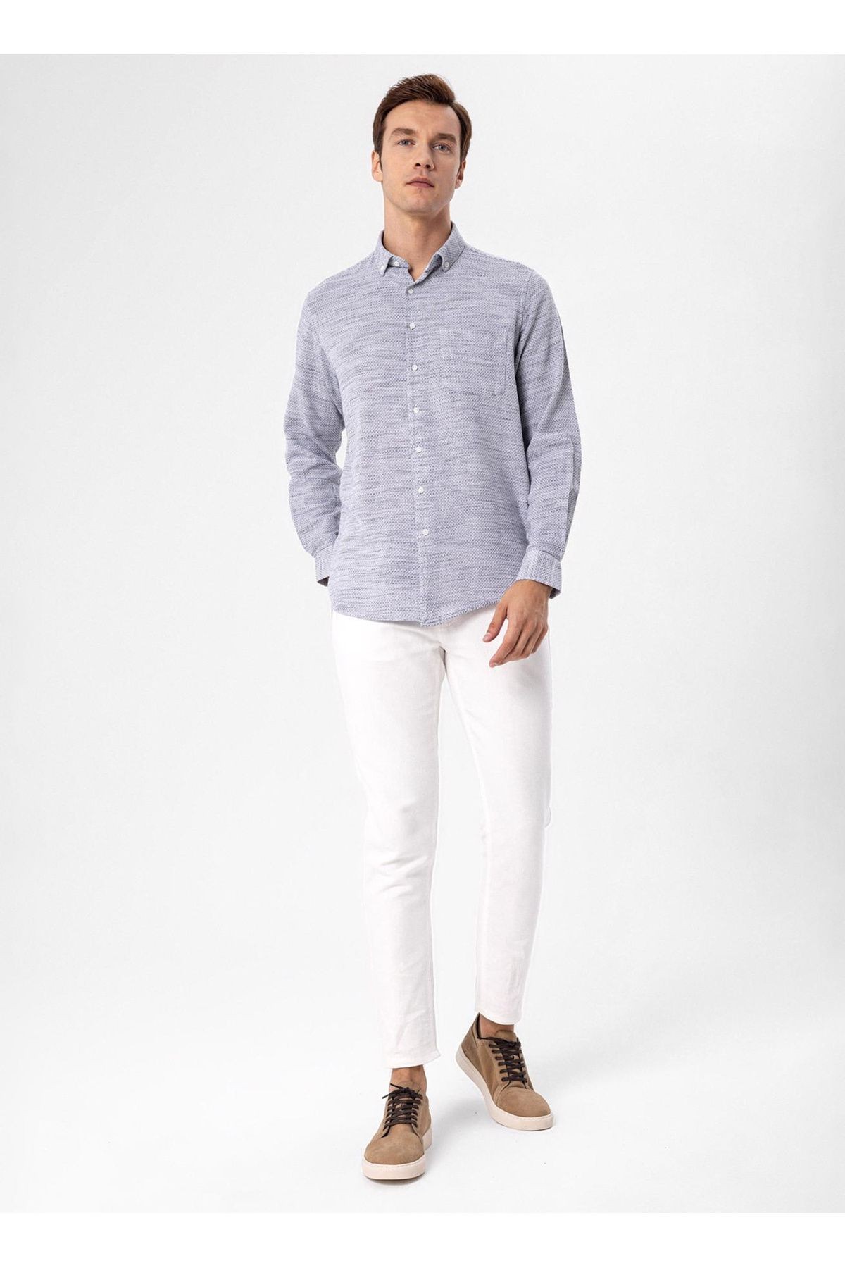 Süvari Regular Fit Düğmeli Yaka Düz Lacivert Erkek Gömlek GM1008300078