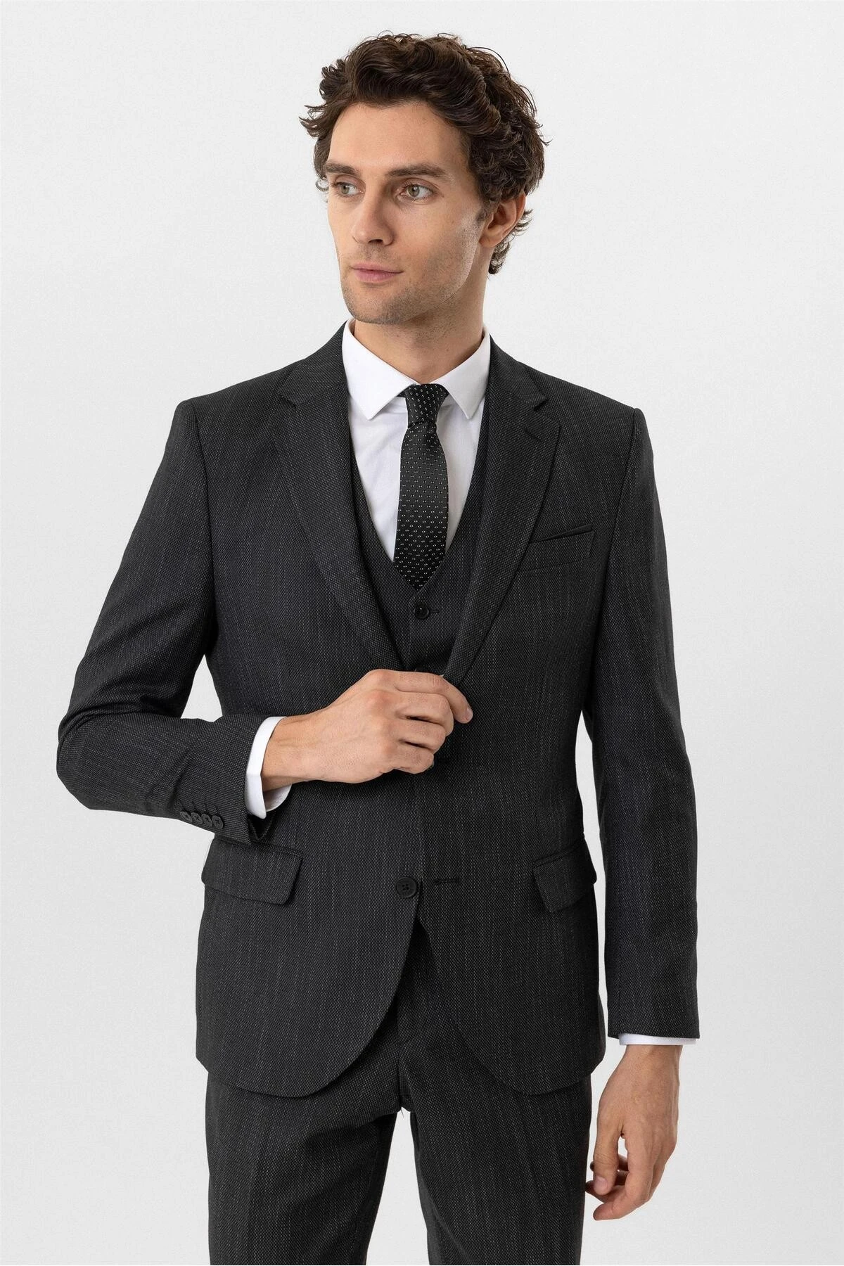 Siyah Slim Fit Desenli Mono Yaka 6 Drop Yelekli Klasik Takım Elbise