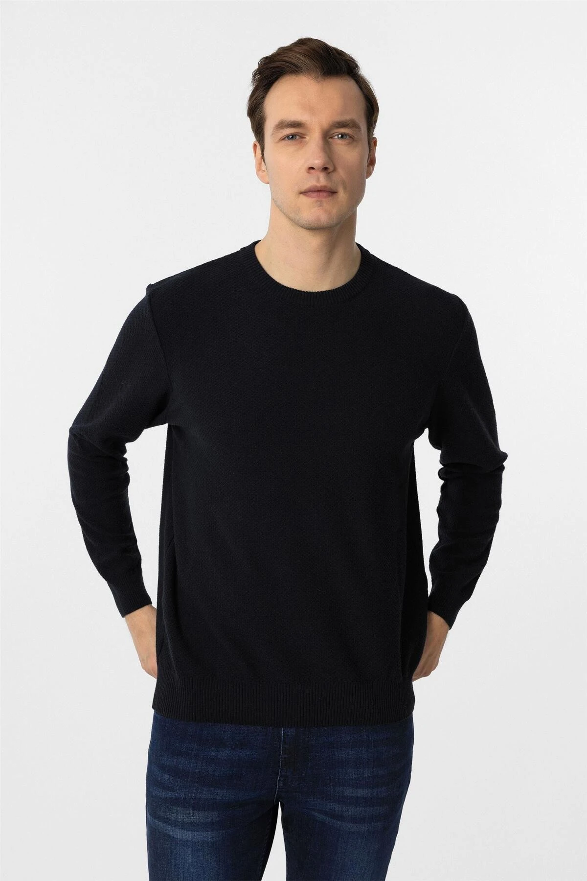 Lacivert Regular Desenli Bisiklet Yaka Triko