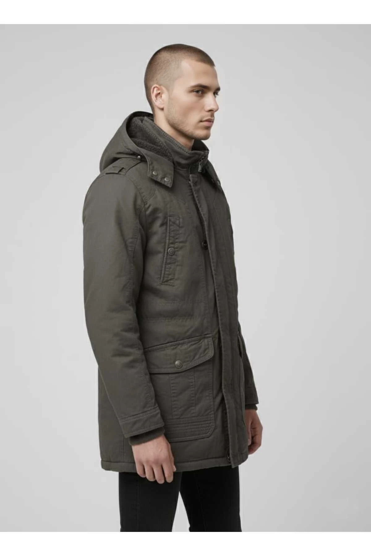 Erkek Kapüşonlu Kürk Astarlı Su Geçirmez Kaplamalı Kalın Kaban