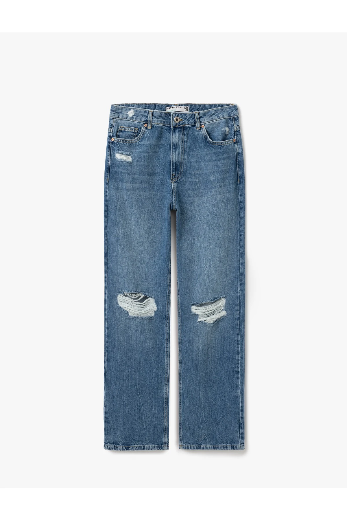 Yüksek Bel Yıpratma Detaylı Pamuklu Denim Pantolon - Straight Jeans