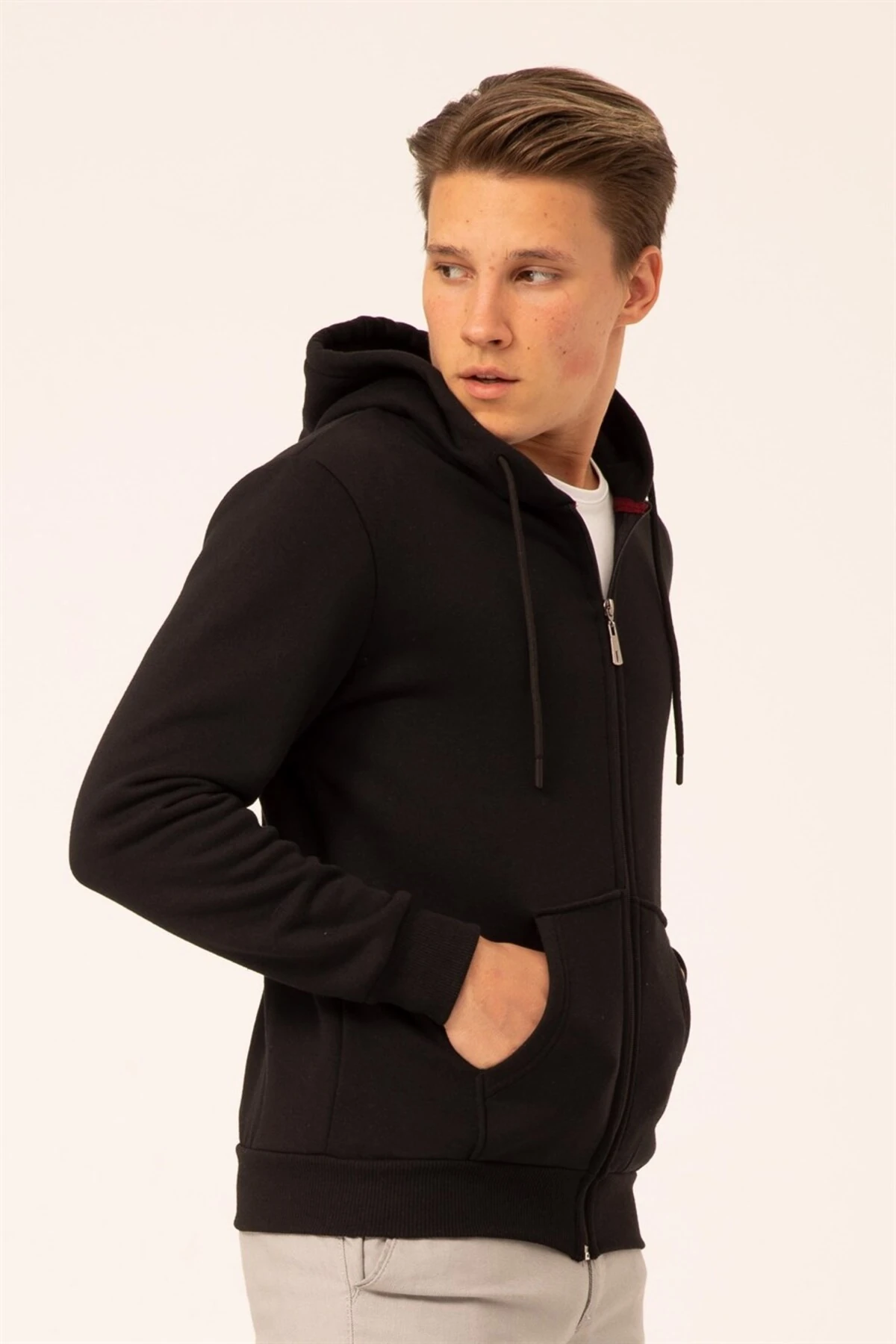 Süvari 3 Iplik Kapşonlu Fermuarlı Siyah Sweatshirt