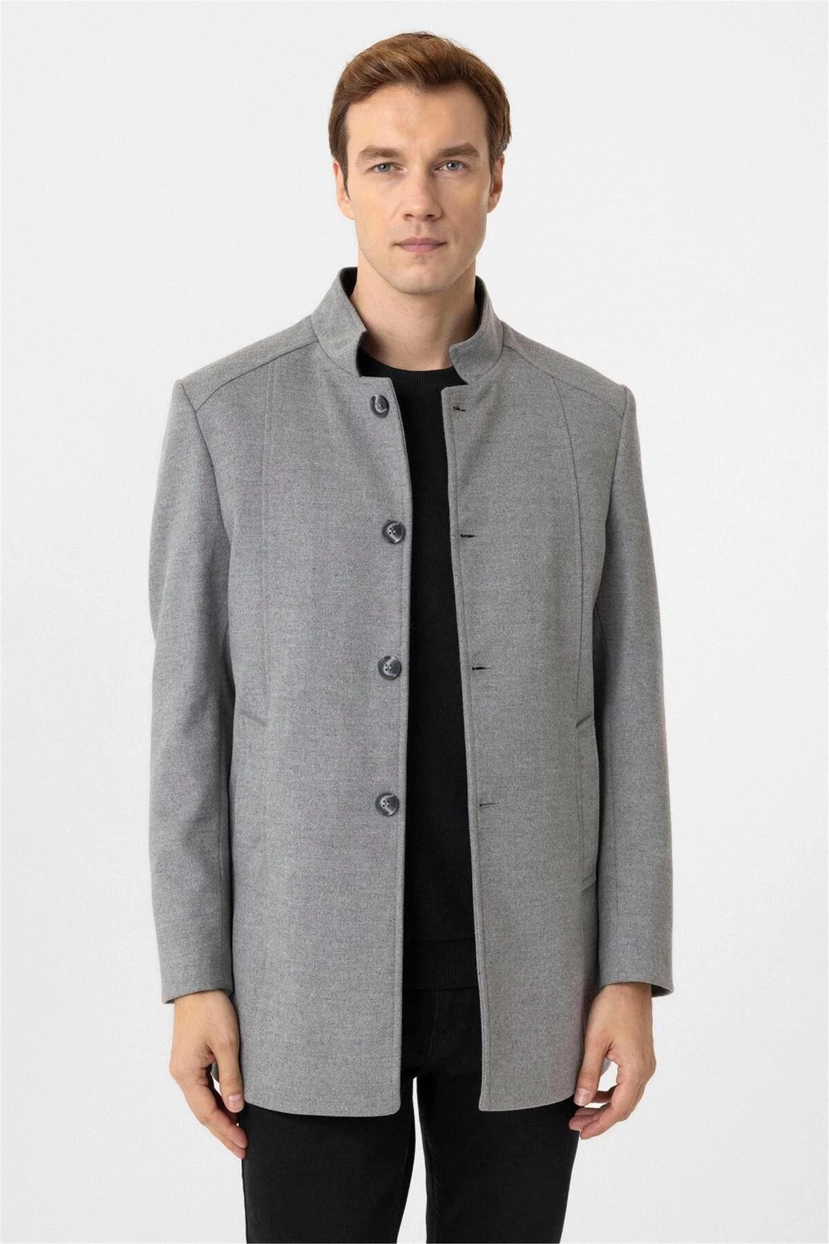 Antrasit Slim Düz Hakim Yaka Kaban
