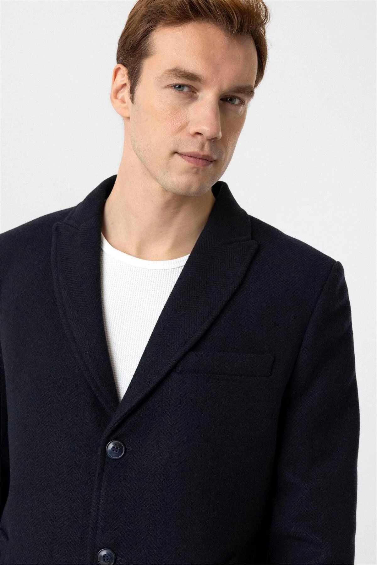 Lacivert Slim Desenli Sivri Yaka Kaban