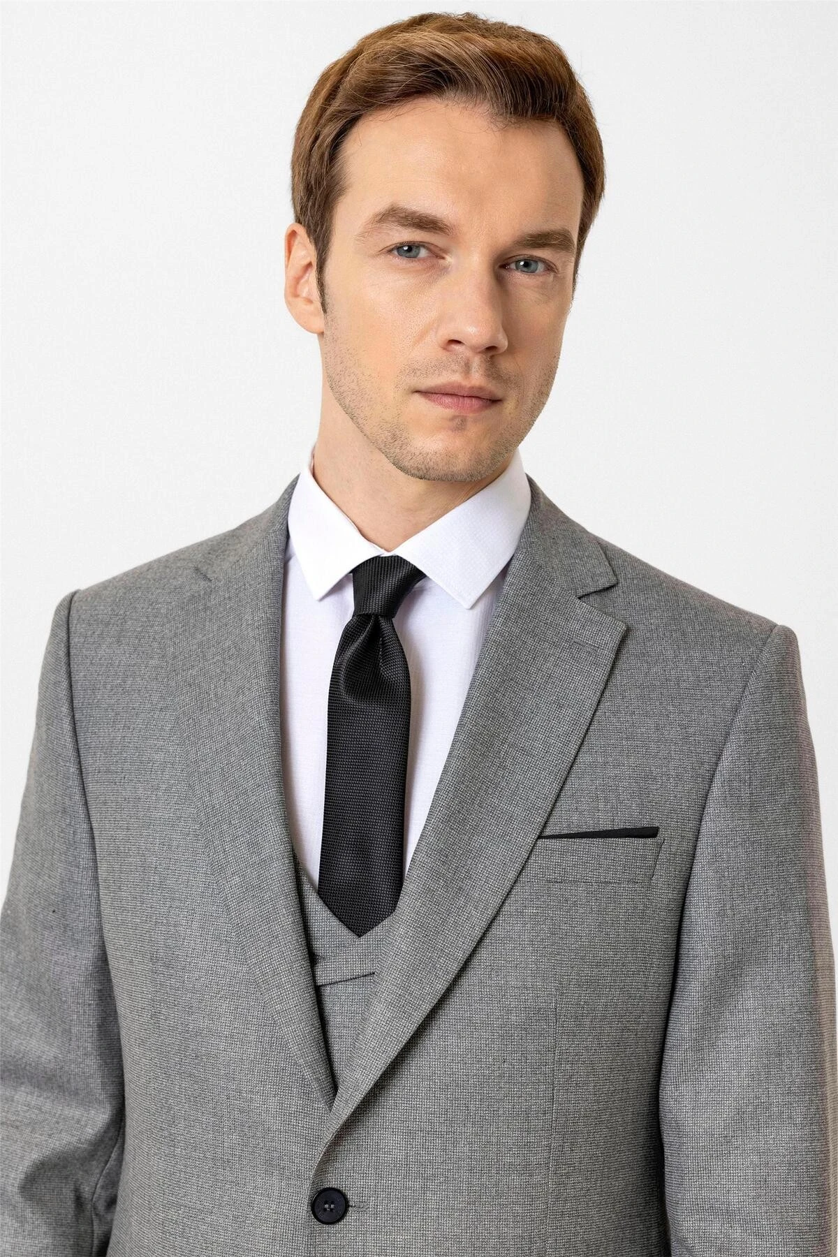 Antrasit Slim Fit Desenli Mono Yaka 6 Drop Yelekli Klasik Takım Elbise