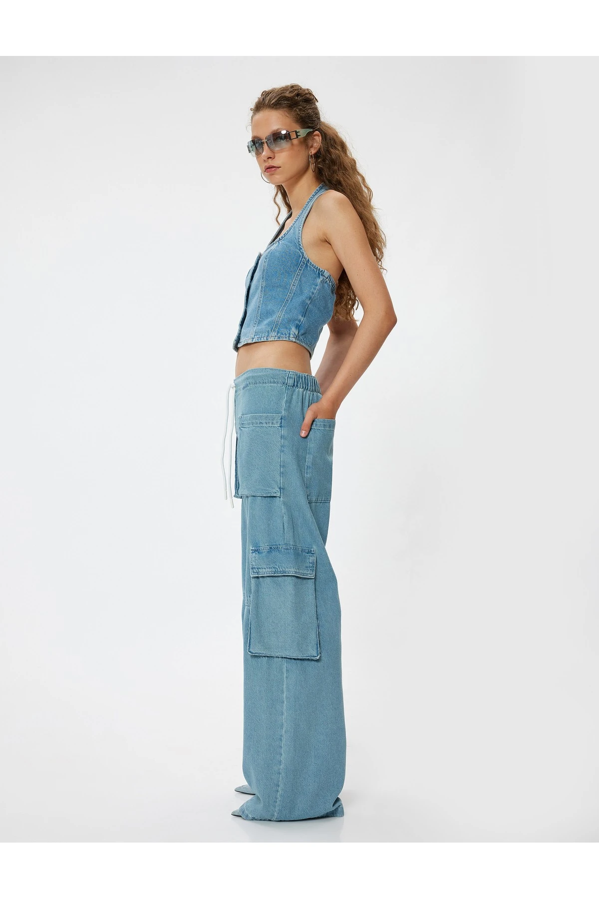 Oversize Kargo Kot Pantolon Beli Lastikli Cep Detaylı - Loose Straight Fit Jeans