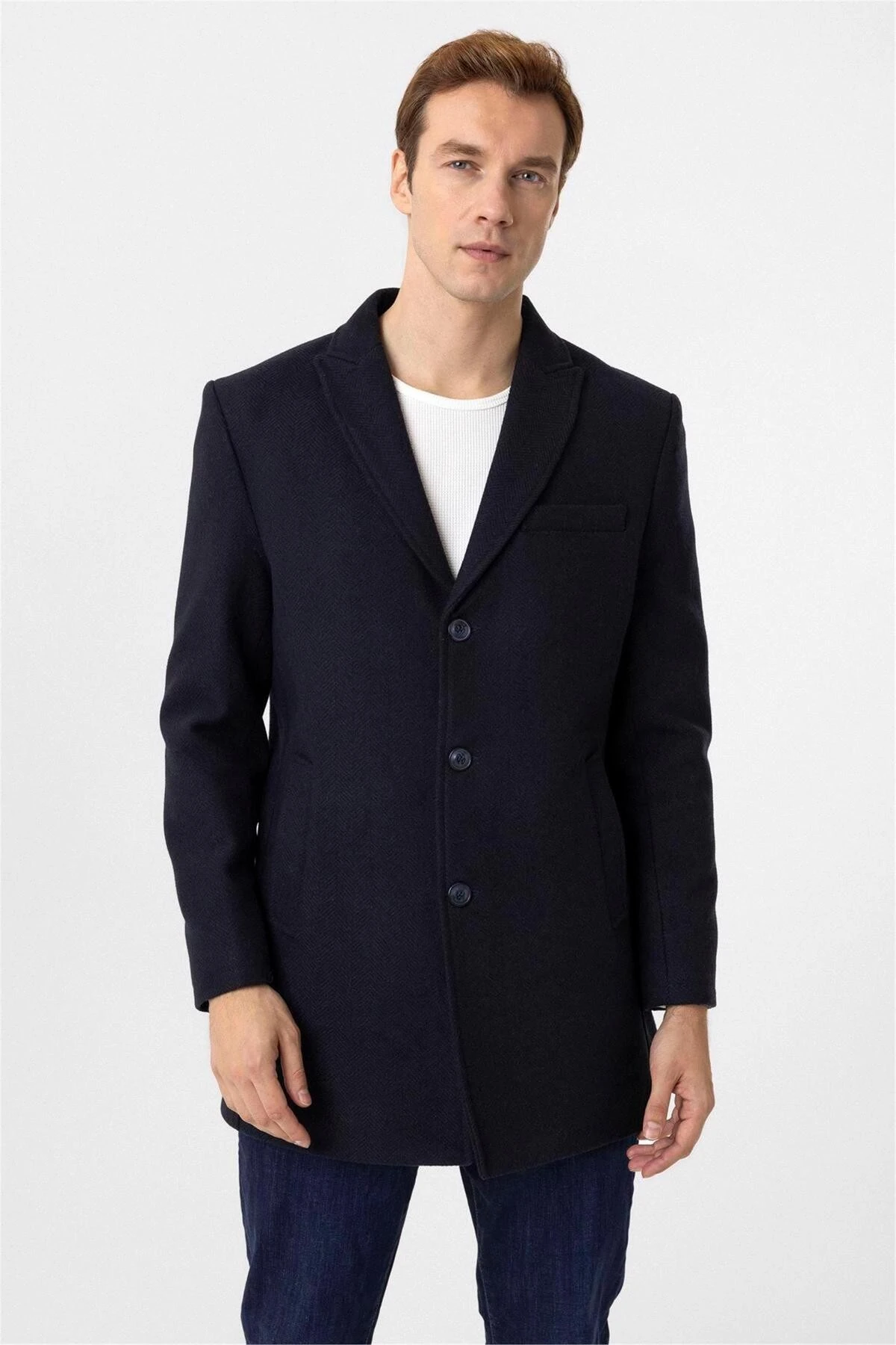 Lacivert Slim Desenli Sivri Yaka Kaban