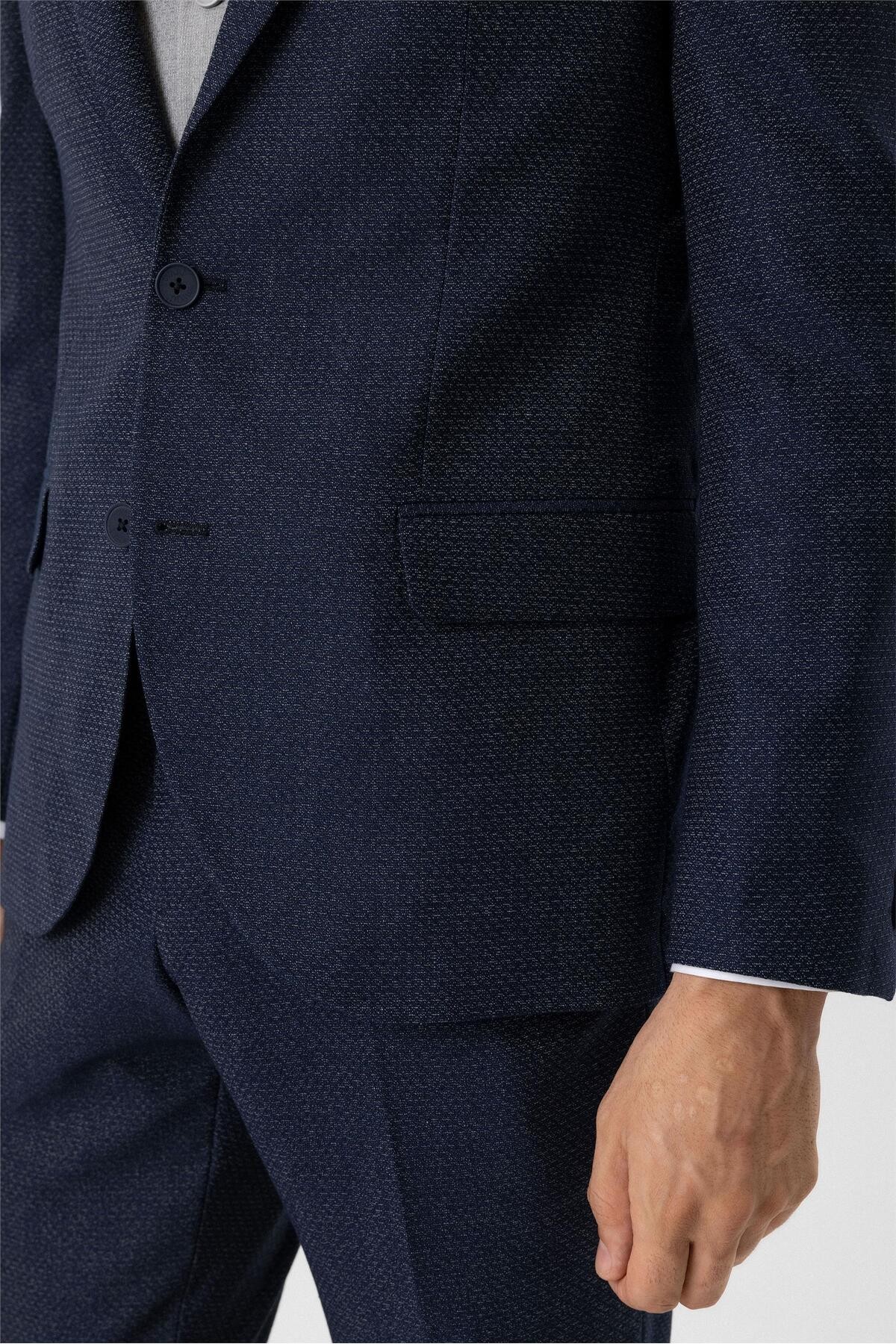 Lacivert Slim Fit Desenli Sivri Yaka 6 Drop Yelekli Klasik Takım Elbise