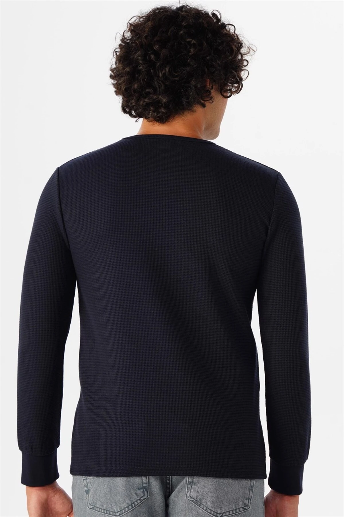 Süvari O Yaka Uzun Kol Lacivert Waffle Desenli Slim Fit Erkek Triko