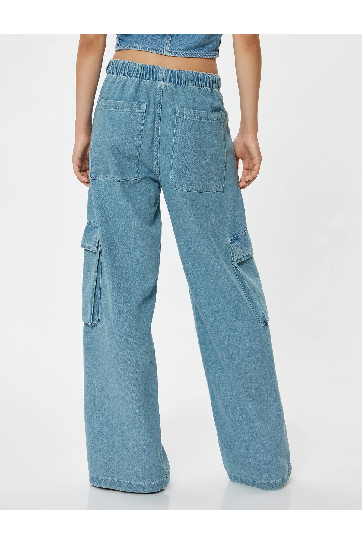 Oversize Kargo Kot Pantolon Beli Lastikli Cep Detaylı - Loose Straight Fit Jeans