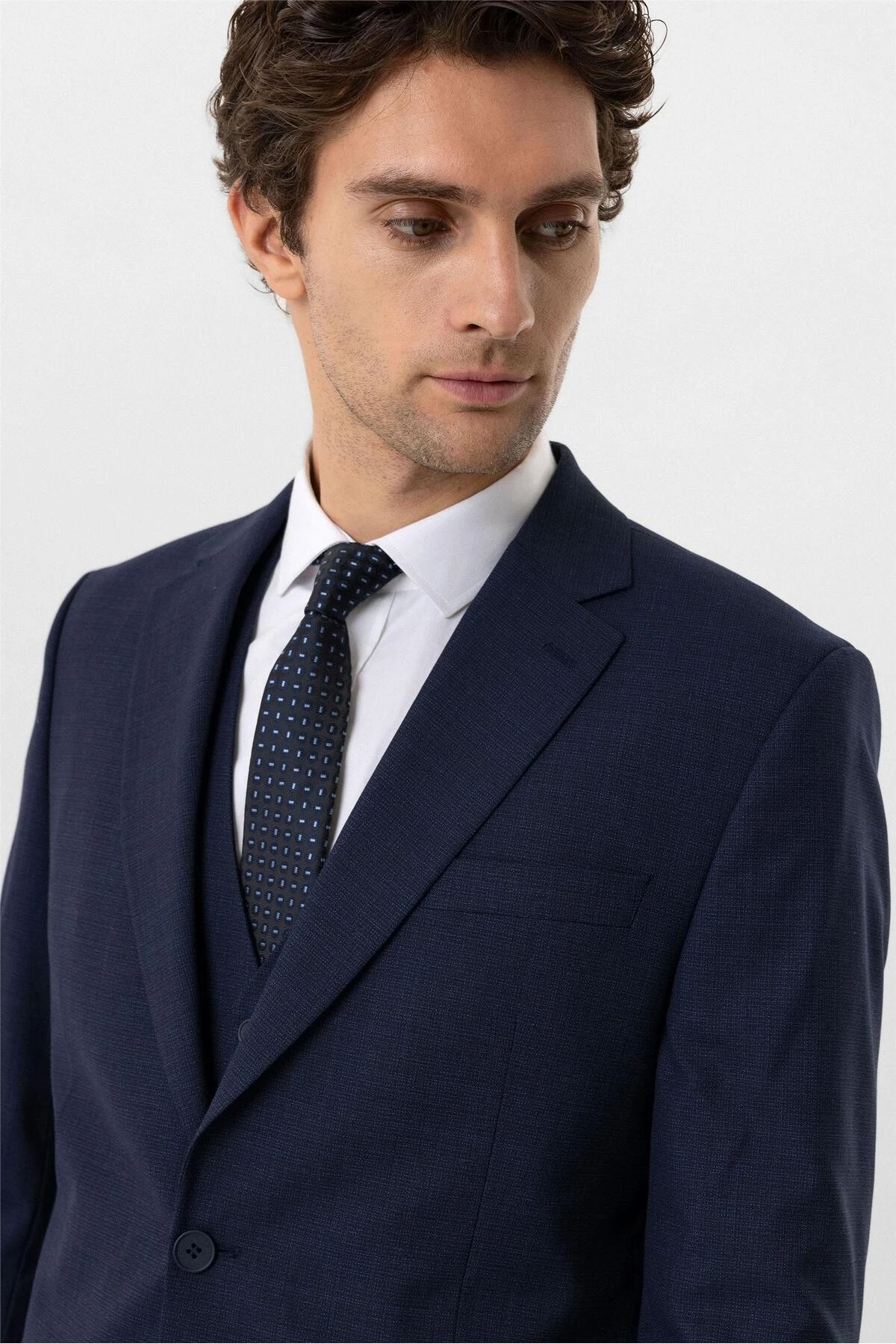 Lacivert Regular Desenli Mono Yaka 4 Drop Yelekli Klasik Takım Elbise