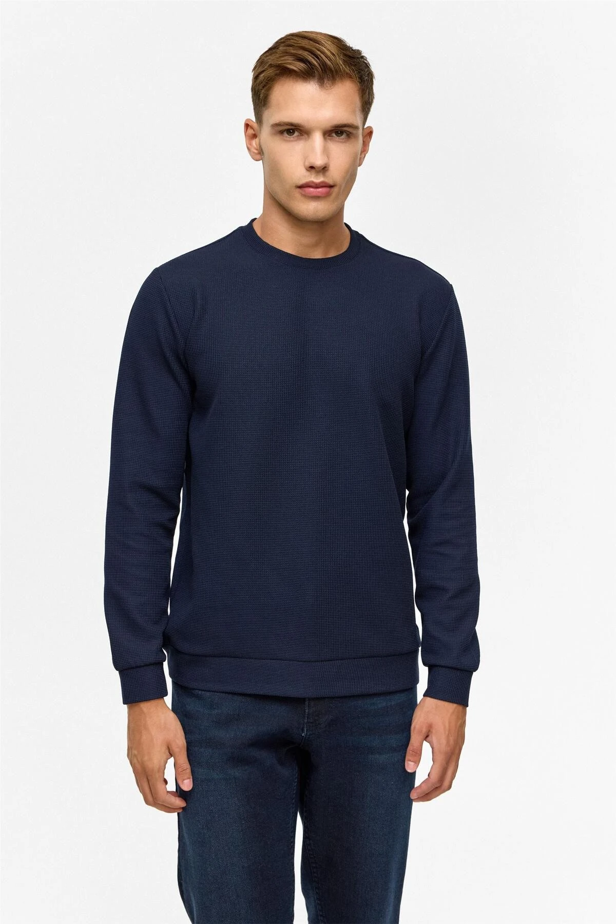 Lacivert Regular Düz Bisiklet Yaka Sweatshirt