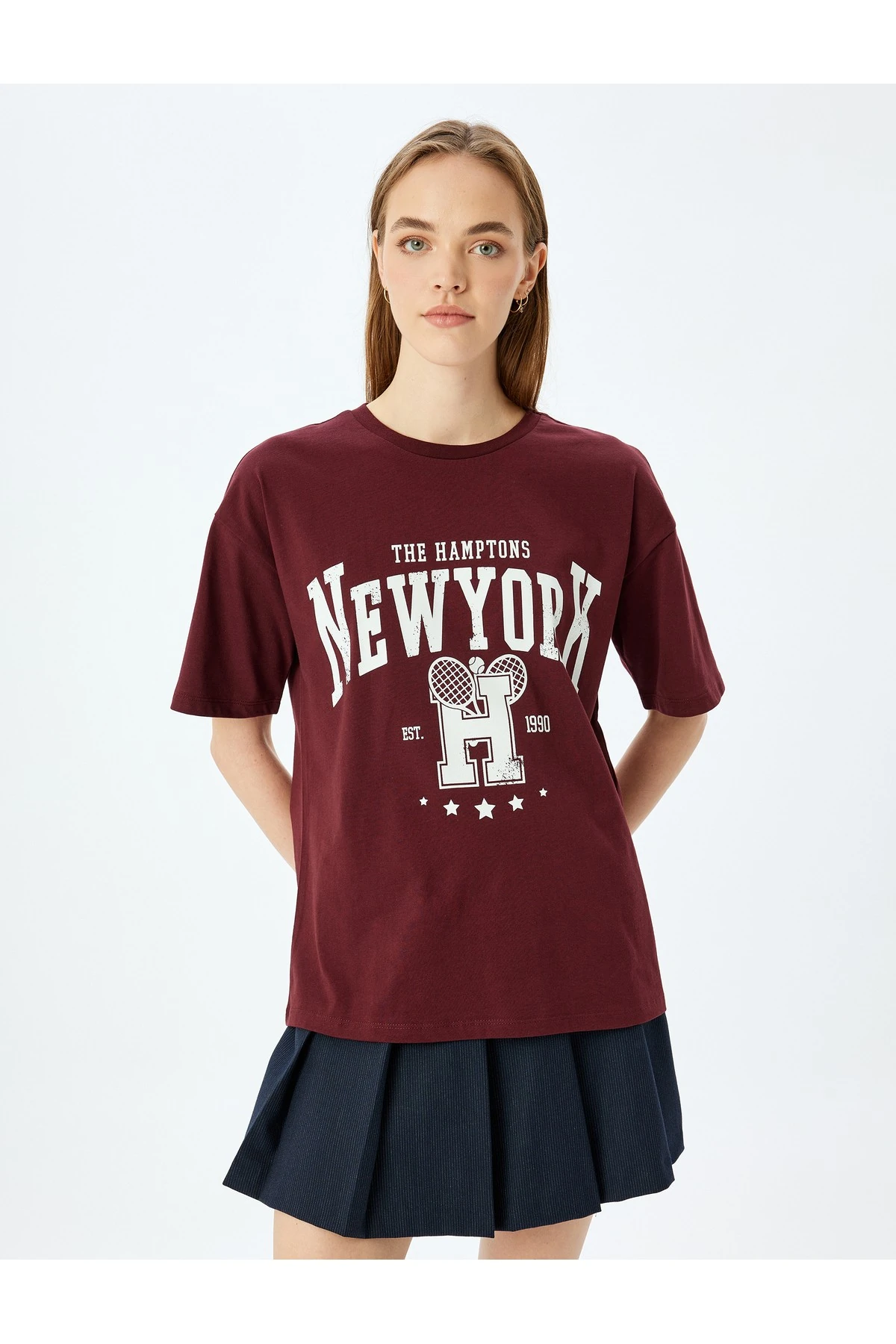 Kolej Baskılı Kısa Kollu Bisiklet Yaka Rahat Kalıp Tişört